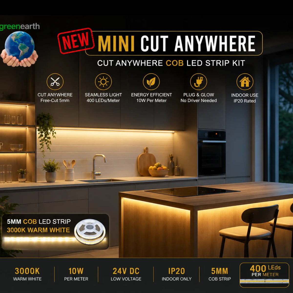 COBRA Mini Cut Anywhere 5mm COB LED Strip Light Kit | Dotless - Warm White