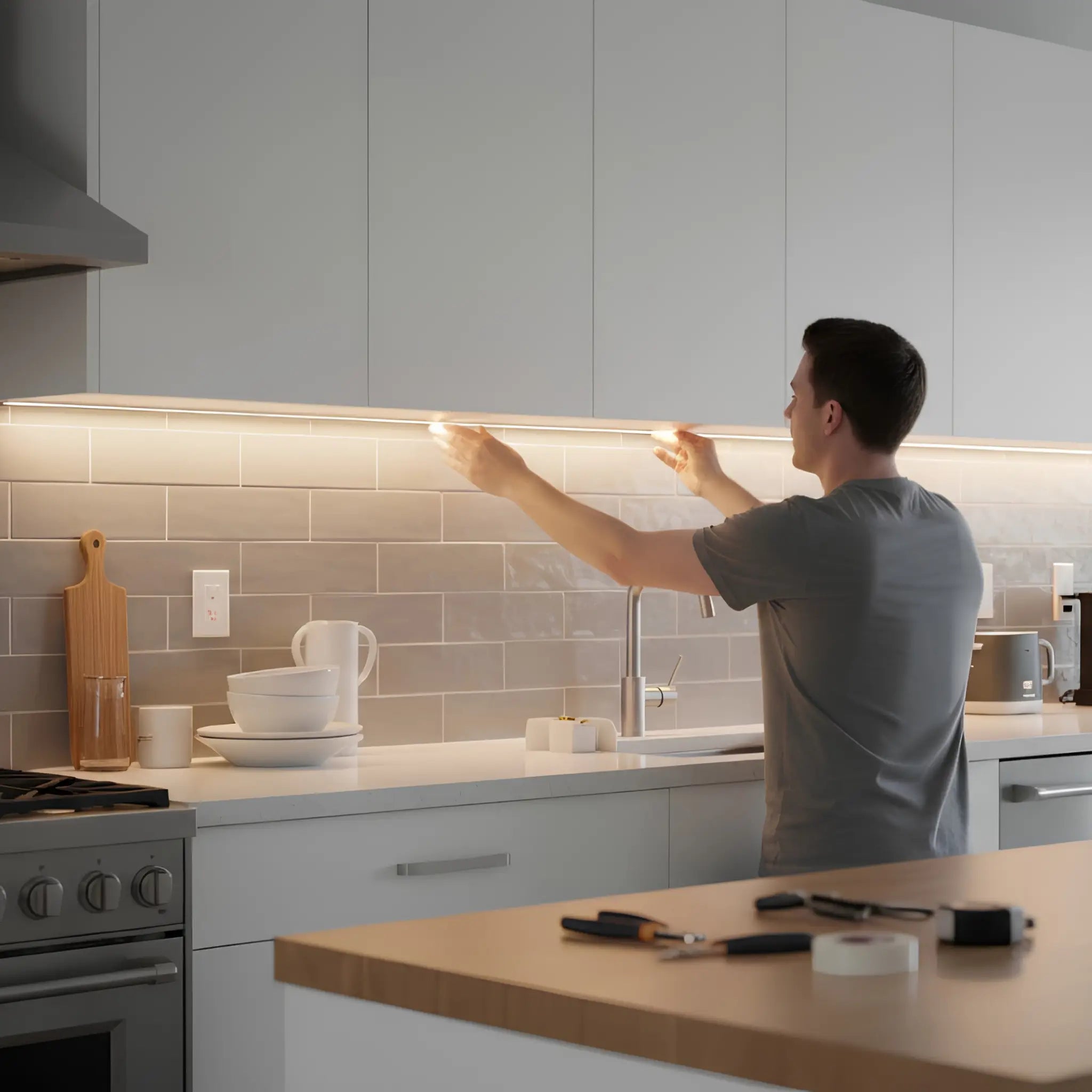 free cut 3000K warm white COB LED strip lighting installed modern kitchen