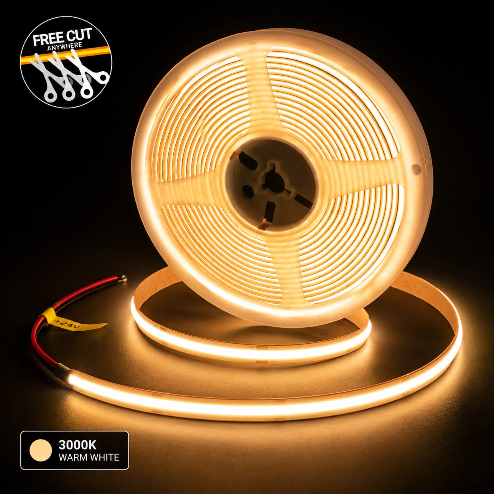 3000K warm white cut anywhere COB LED strip roll sold by the metre