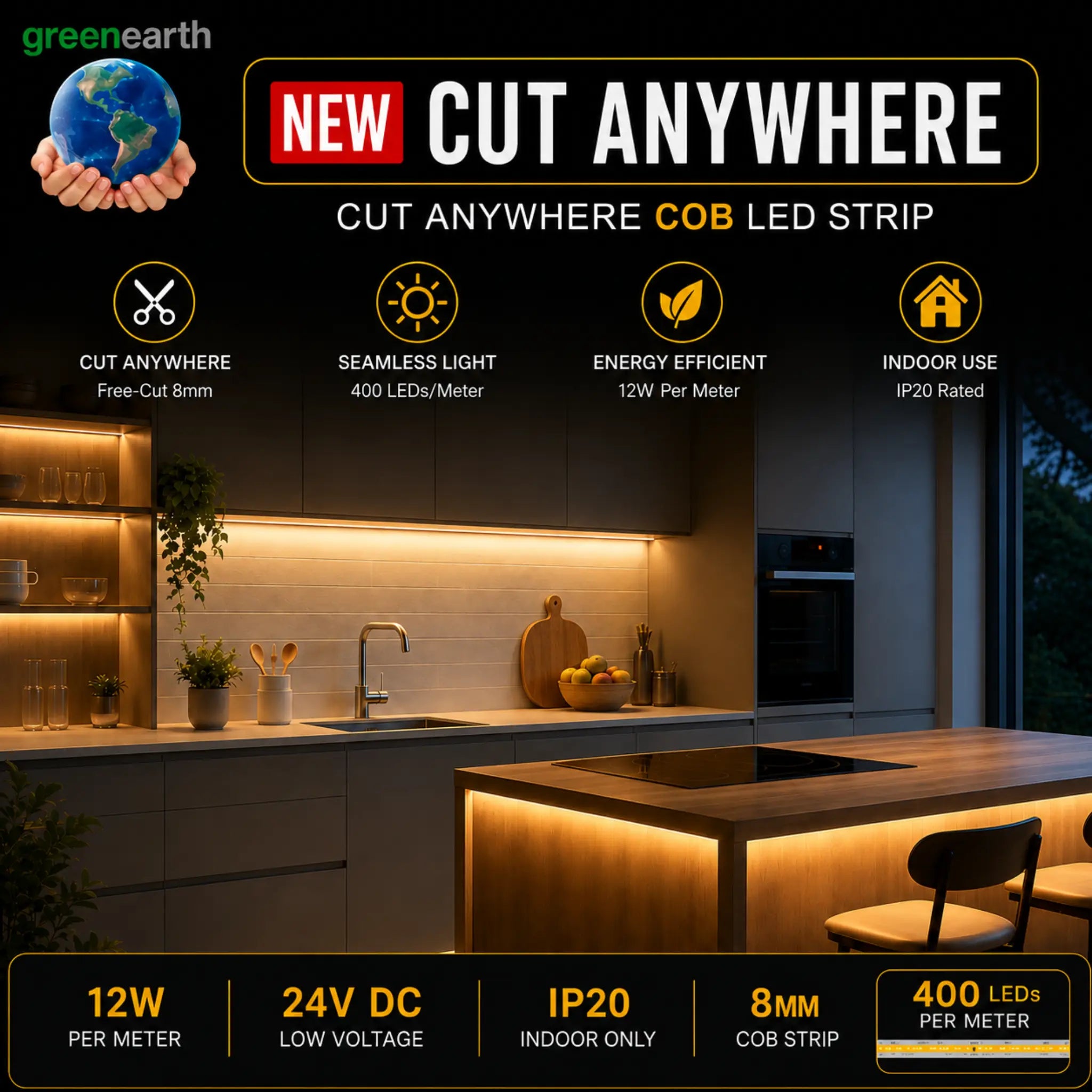 Free cutting COB LED strip cut to precise length anywhere along the strip