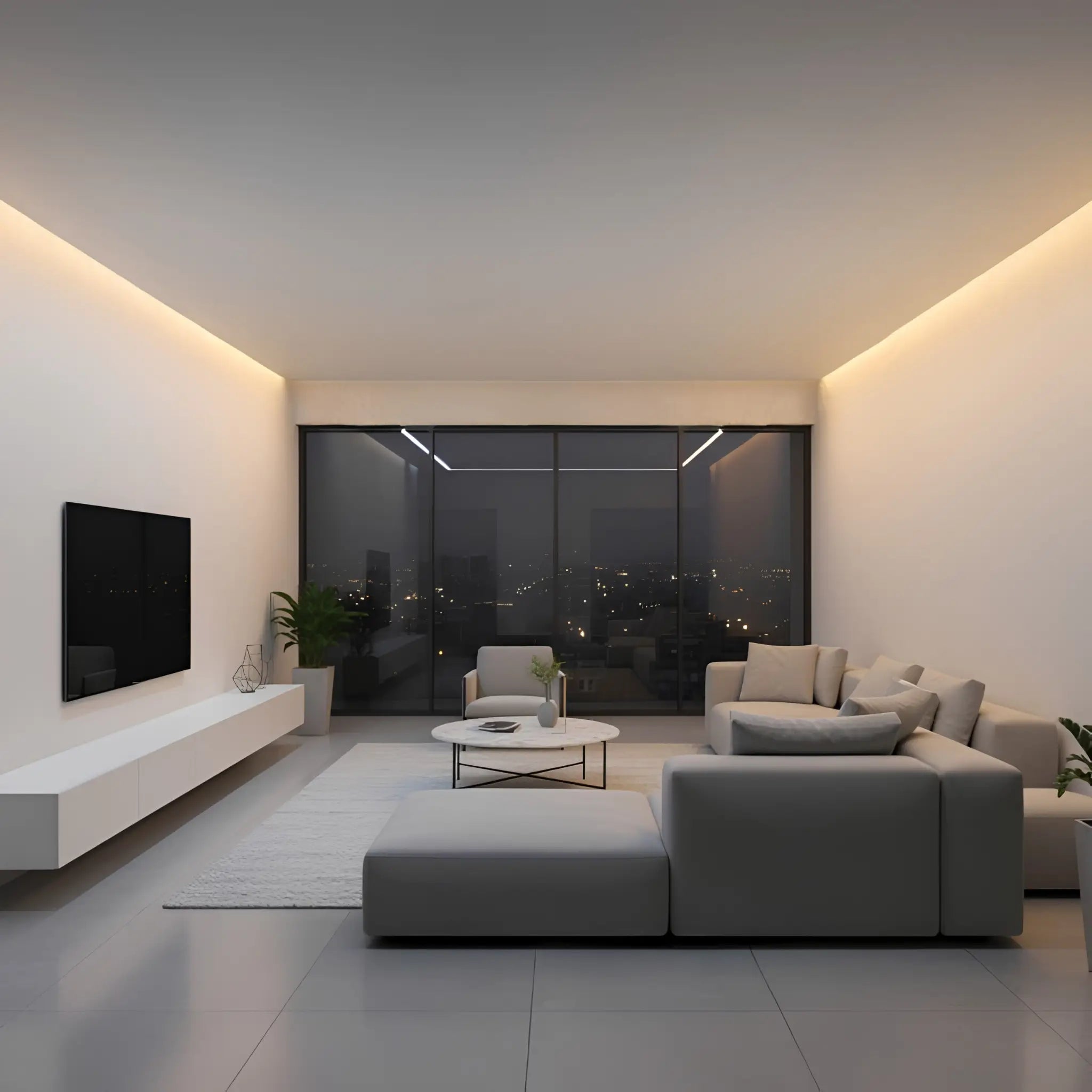 3000K warm white COB LED strip lighting installed modern living room