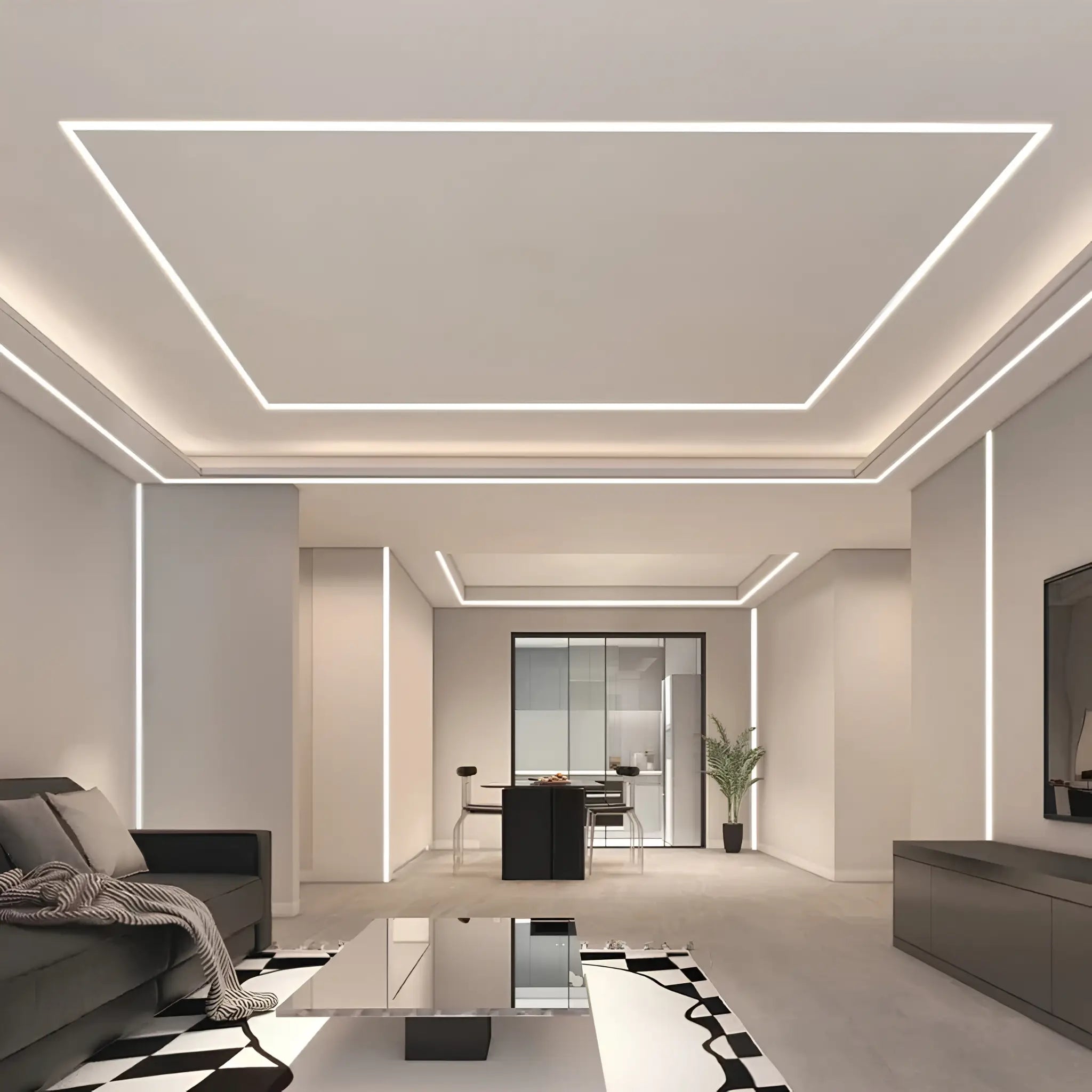 Modern living room with stylish ceiling design and decor with Cut Anywhere COB LED Strip Light 4000K Cool White - 12w/m 