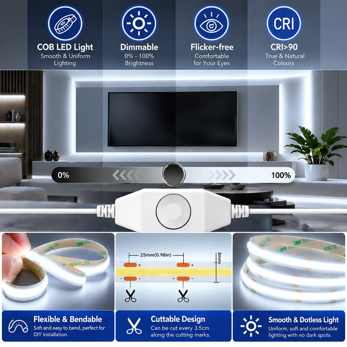 Dimmable COB LED Strip Light Kit – 6000K Daylight White