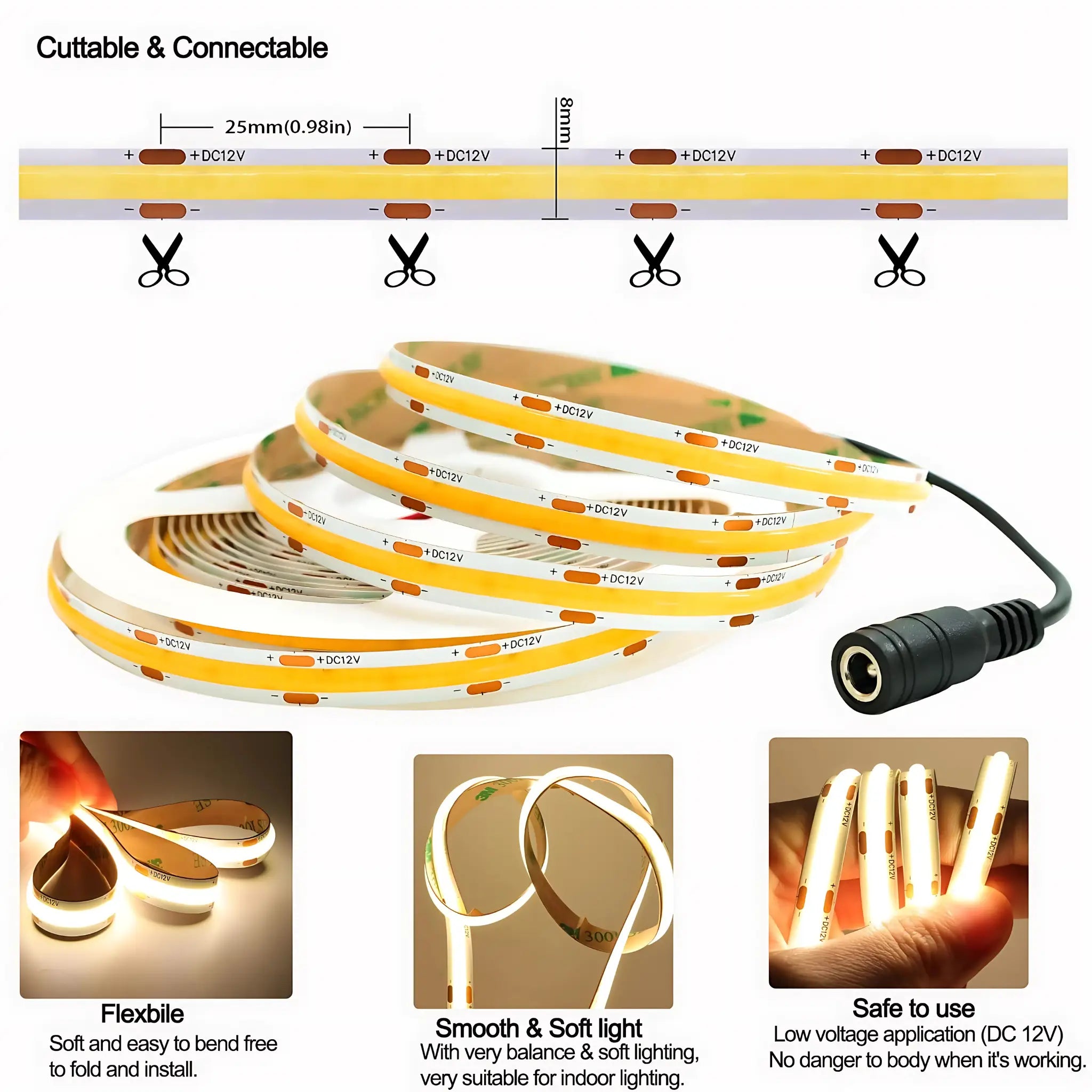 5m Dimmable Dotless Cob Led Strip Light Kit 12w