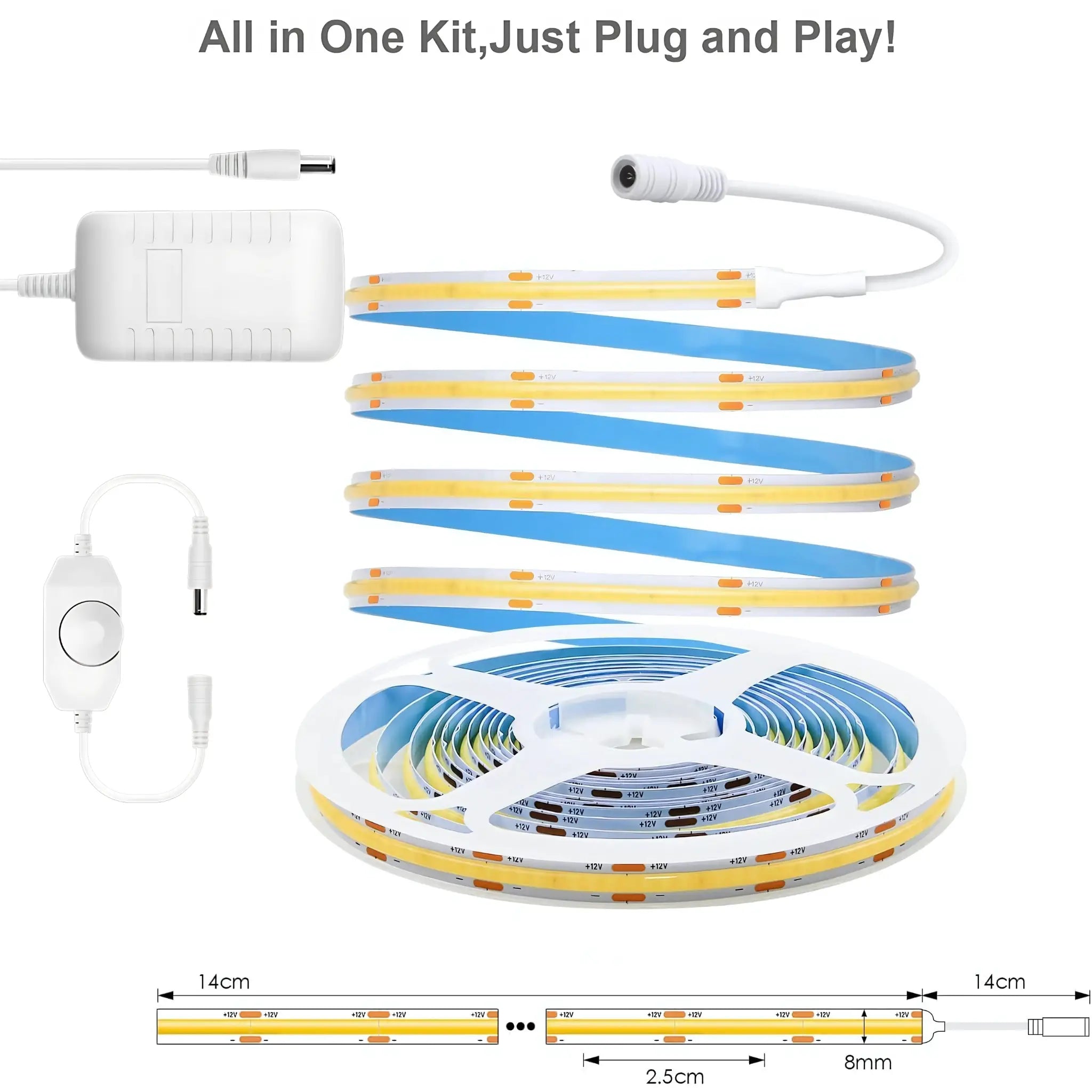 5m Dimmable Dotless Cob Led Strip Light Kit 12w