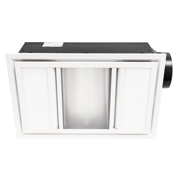 White rectangular recessed mercator domino ii cct led bathroom heater with heat lamp side panels and central vent