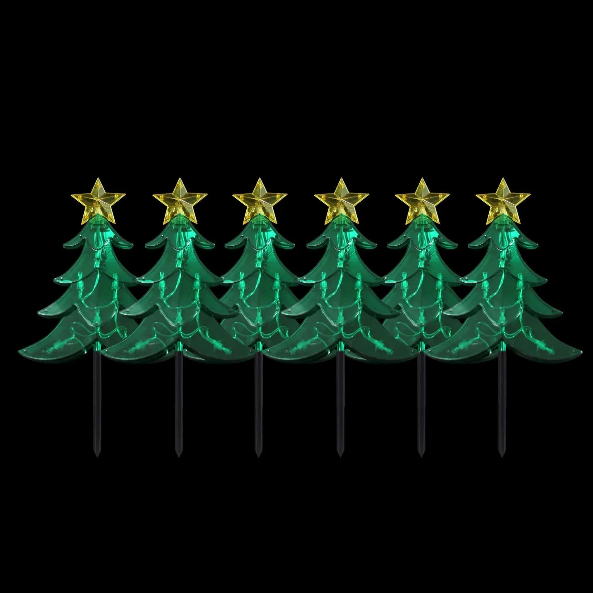 Lexi Lighting LED tree stakes: set of 6 green trees with yellow stars