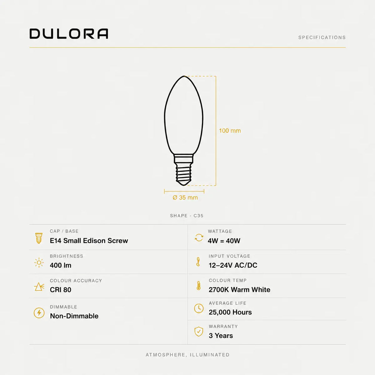 Dulora 4W 12-24V DC E14 Clear Candle LED Bulb 2700K Warm White