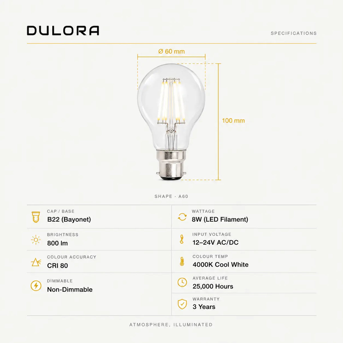 data sheet Dulora 8W 12-24V AC/DC B22 Clear A60 GLS LED Bulb 4000K Cool White