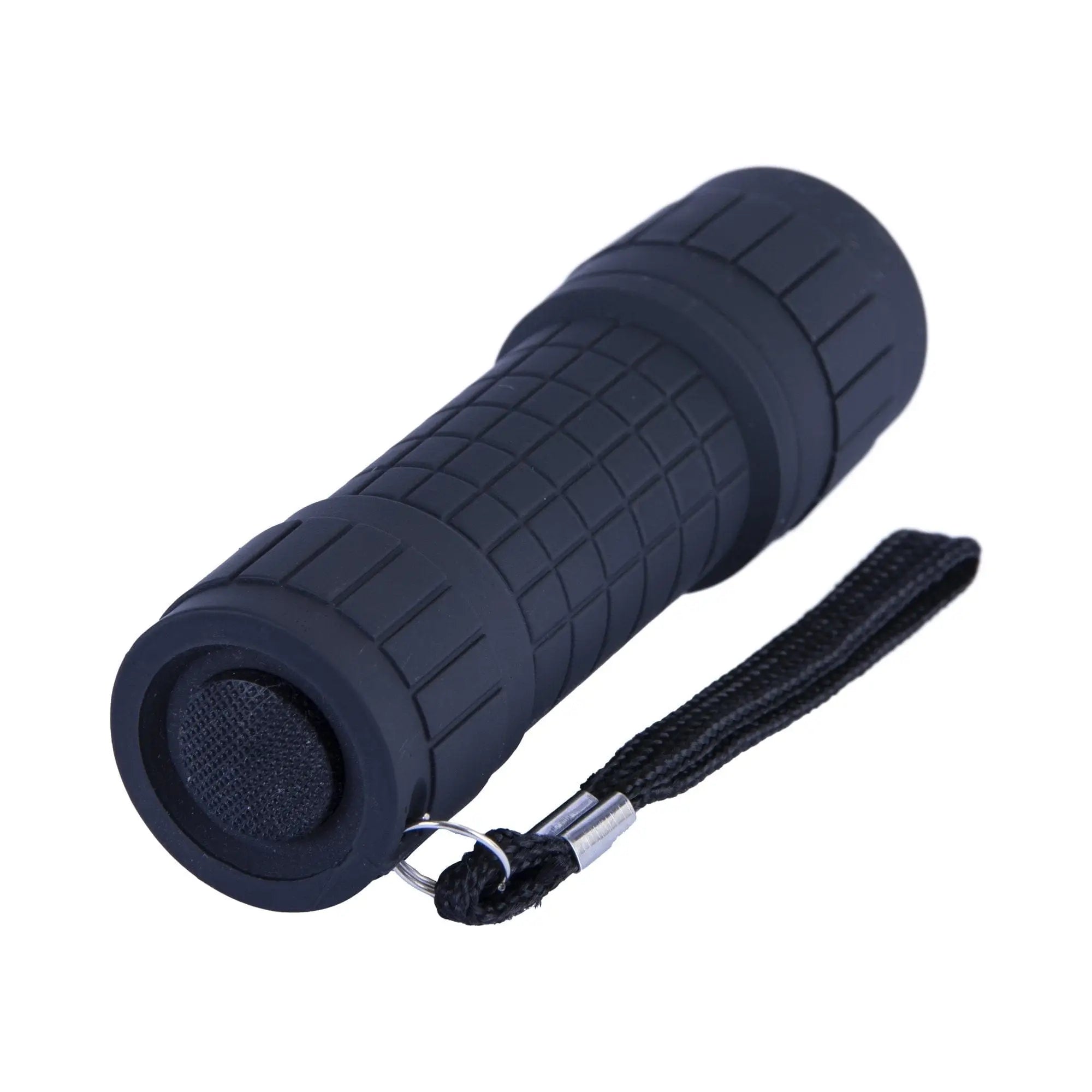 Durable pocket torch black tactical flashlight with textured grip and wrist strap for reliable use