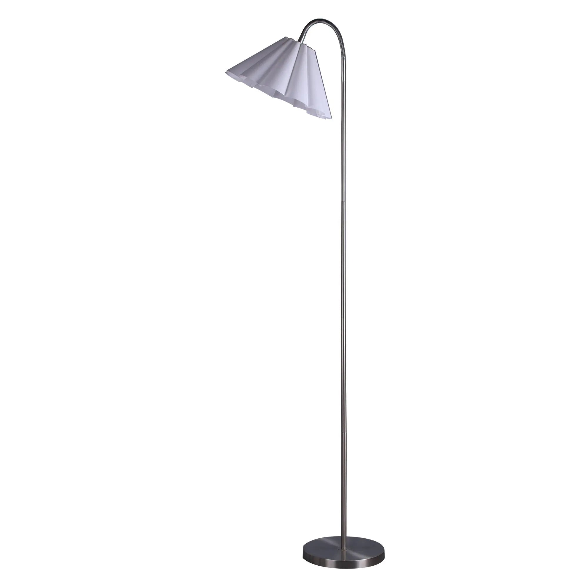 Lexi lighting Eleanor floor lamp with white pleated shade in satin nickel