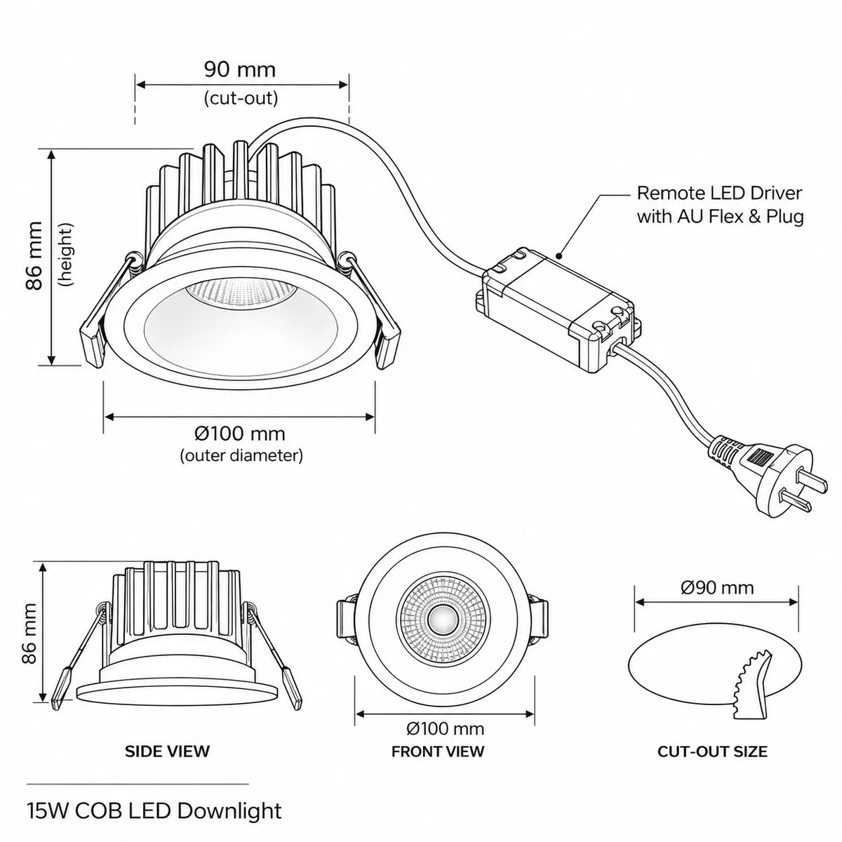 Line drawing Info Flinders 15W Anti-Glare Tri-Colour Dimmable LED Downlight - 90mm Cut Out