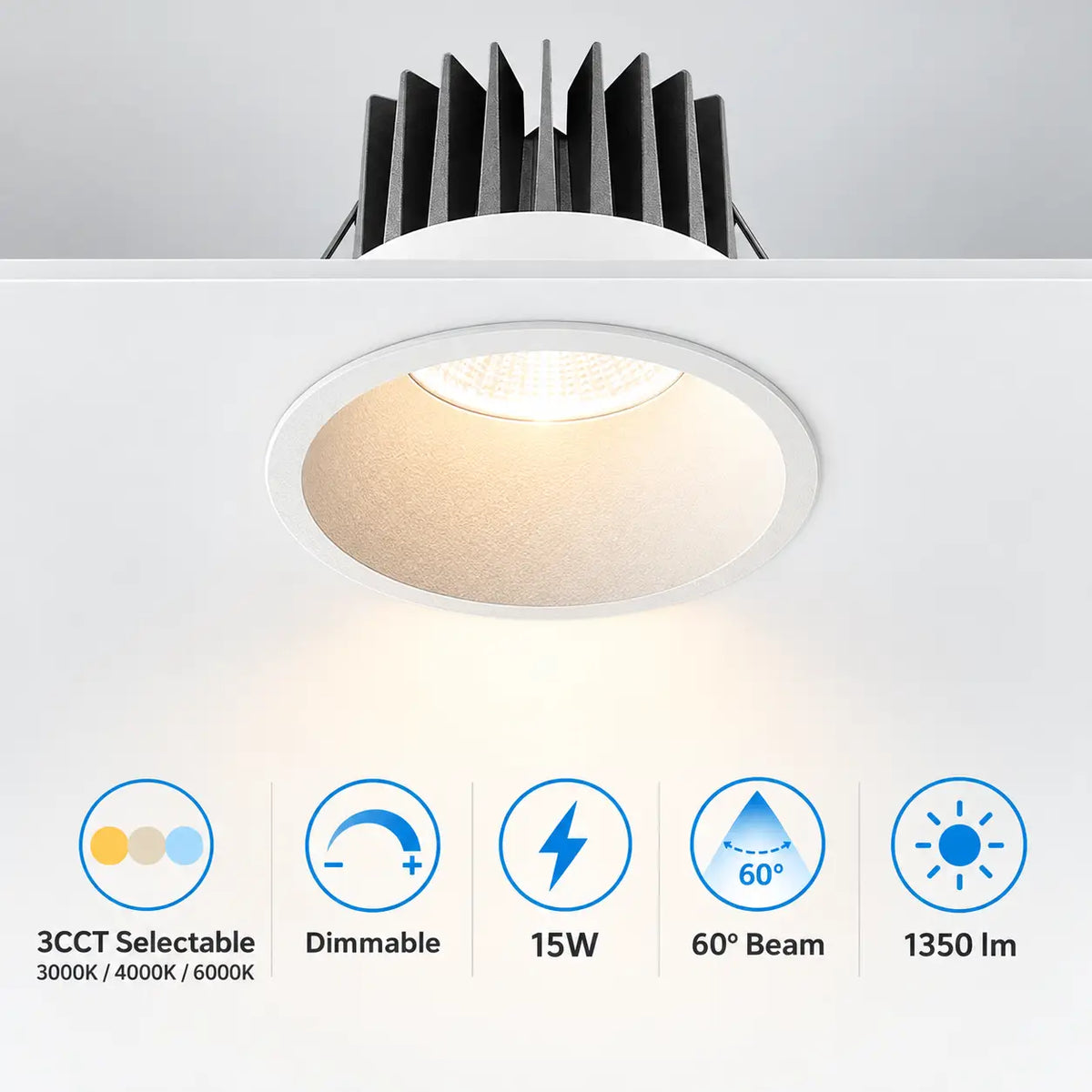 Info Flinders 15W Anti-Glare Tri-Colour Dimmable LED Downlight - 90mm Cut Out
