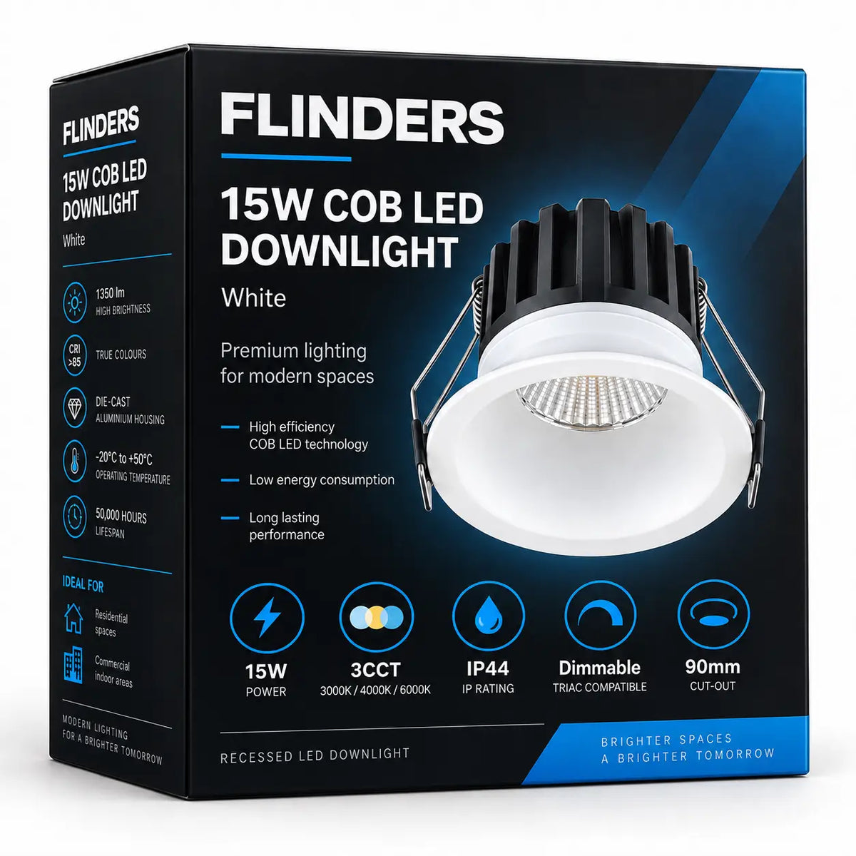 Box Flinders 15W Anti-Glare Tri-Colour Dimmable LED Downlight - 90mm Cut Out