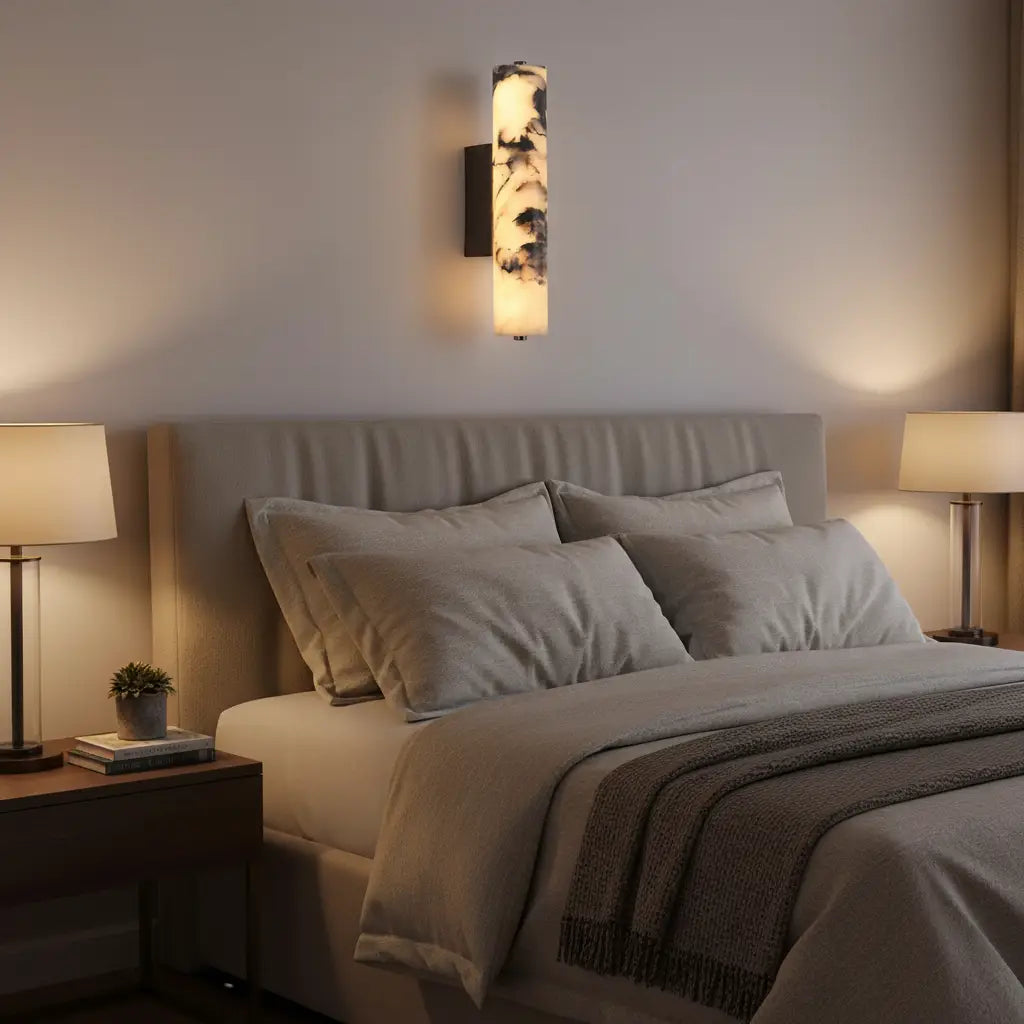 Premium natural marble wall sconce installed in modern bed room interior