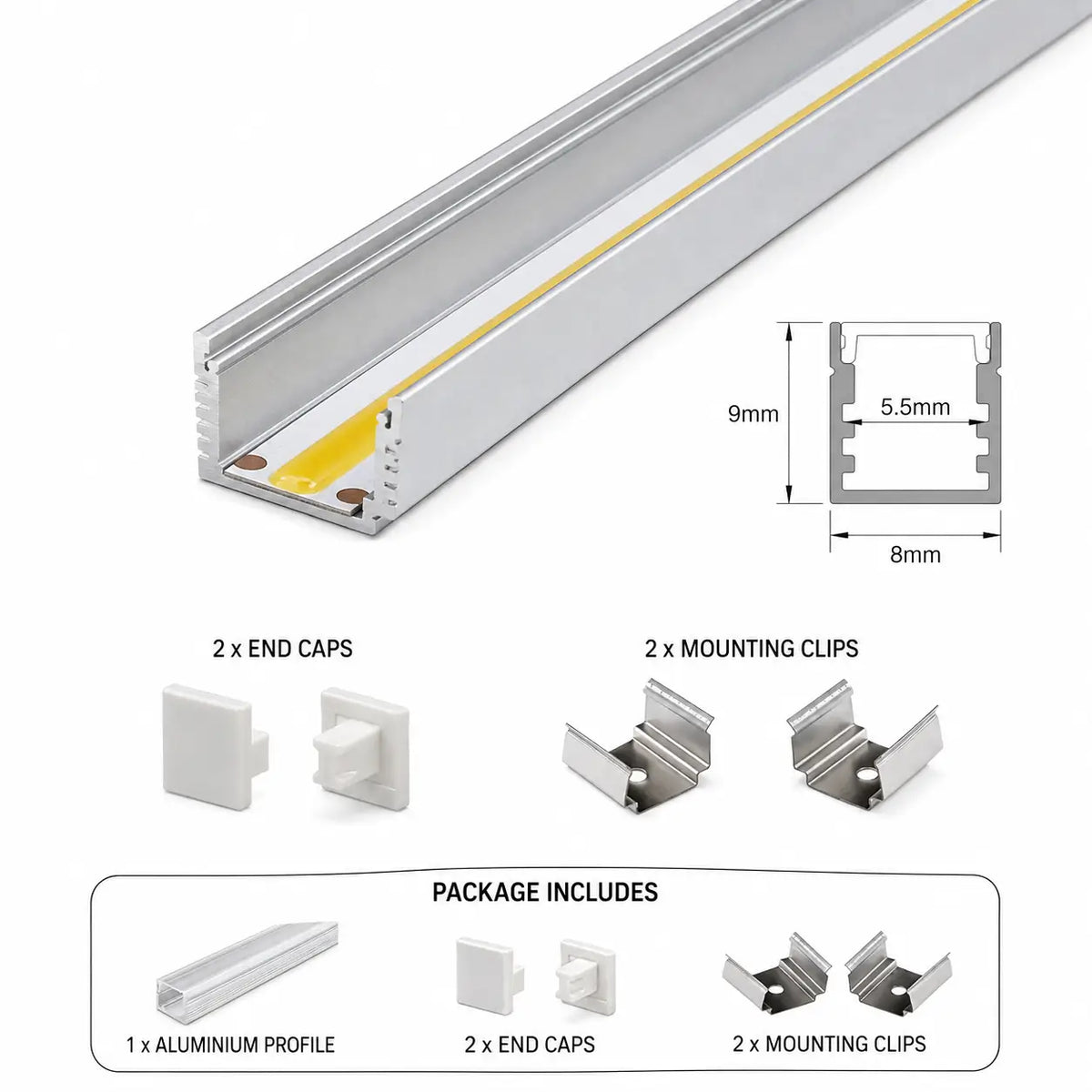 Surface Mount Mini Aluminium Profile - Silver 5mm Width