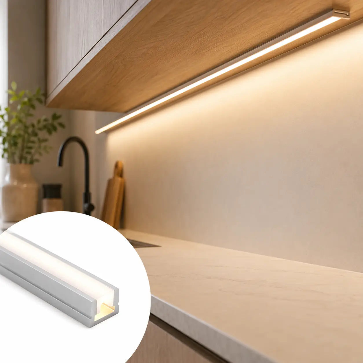 A slim linear under-cabinet LED light strip mounted beneath a wooden kitchen cabinet, casting warm light onto the backsplash and countertop. A circular inset at the lower left shows a close-up of the light fixture's white housing and glowing LED channel.