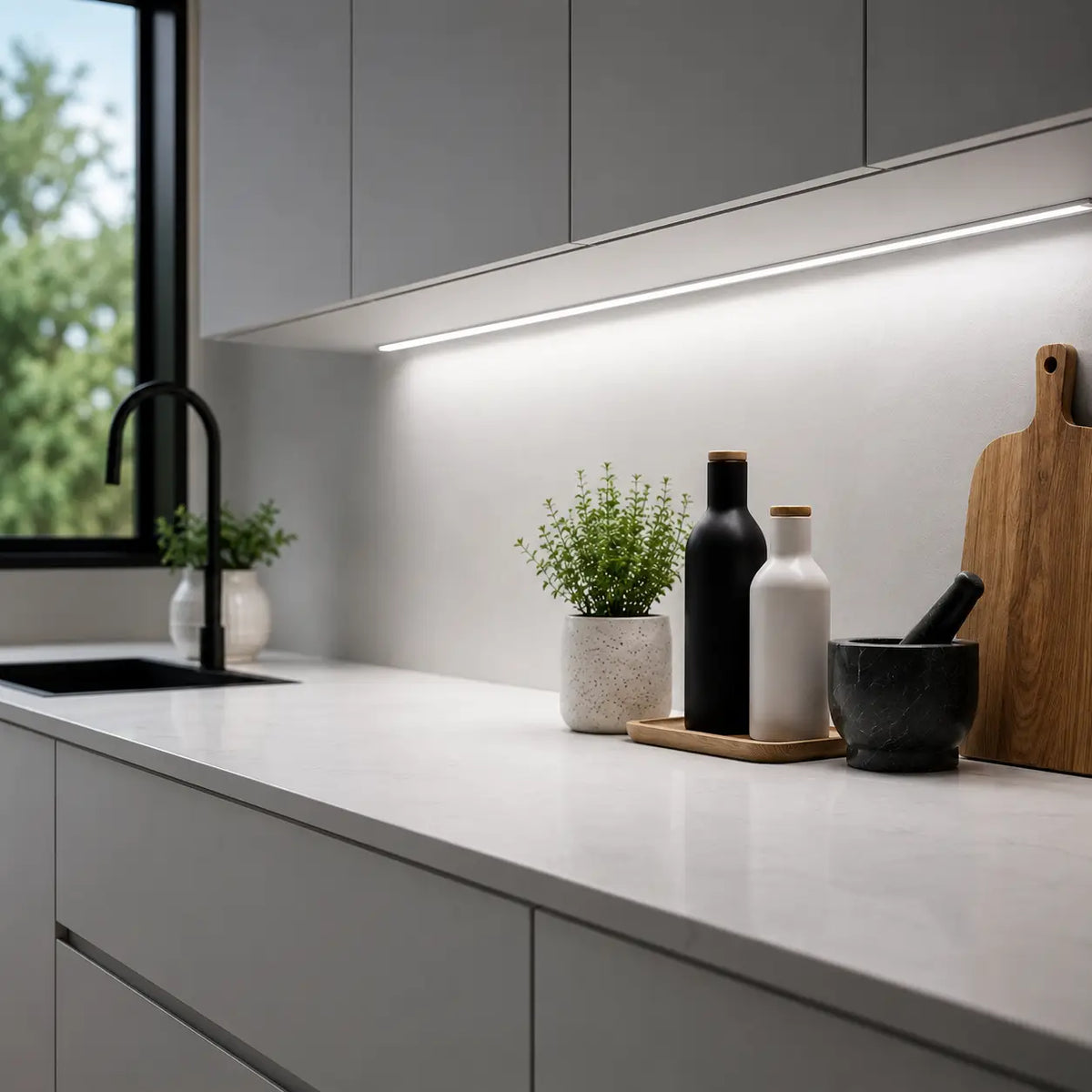 Modern kitchen with Surface Mount Mini Aluminium Profile - Silver 5mm Width