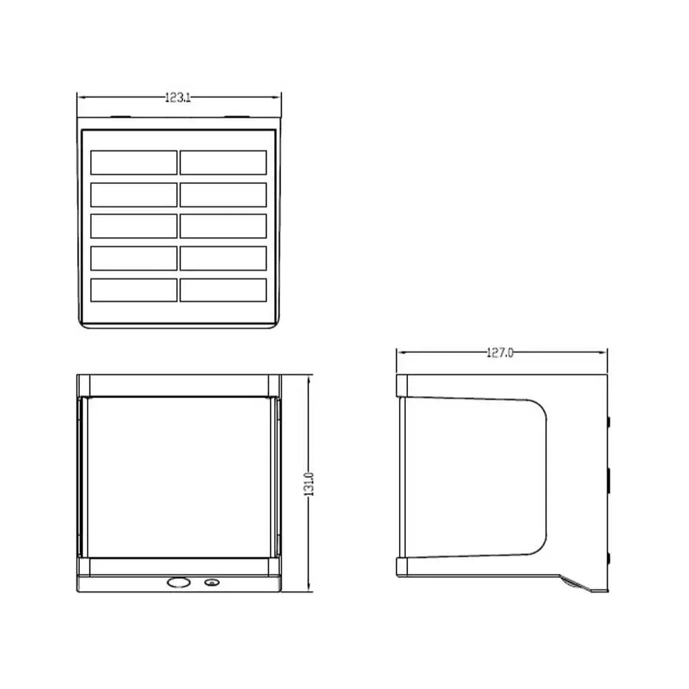 Technical drawing of a cabinet with dimensions on a white background Green Earth Cube Solar Security LED Wall Light