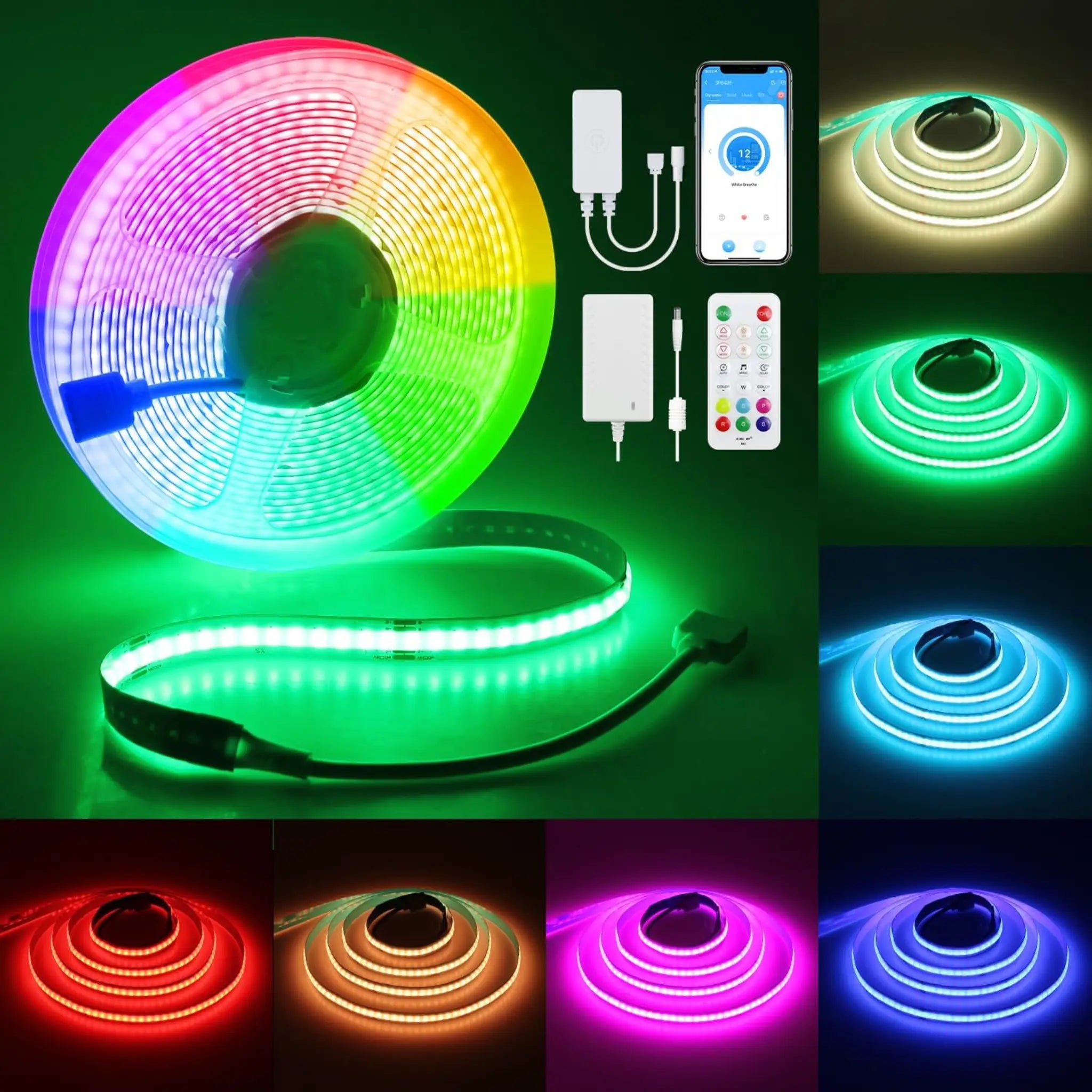 Rgb Cob Led Strip Lights Kit 5m & 10m | App & Rf Remote Dimmable Led Strip - 10 Meter Kit