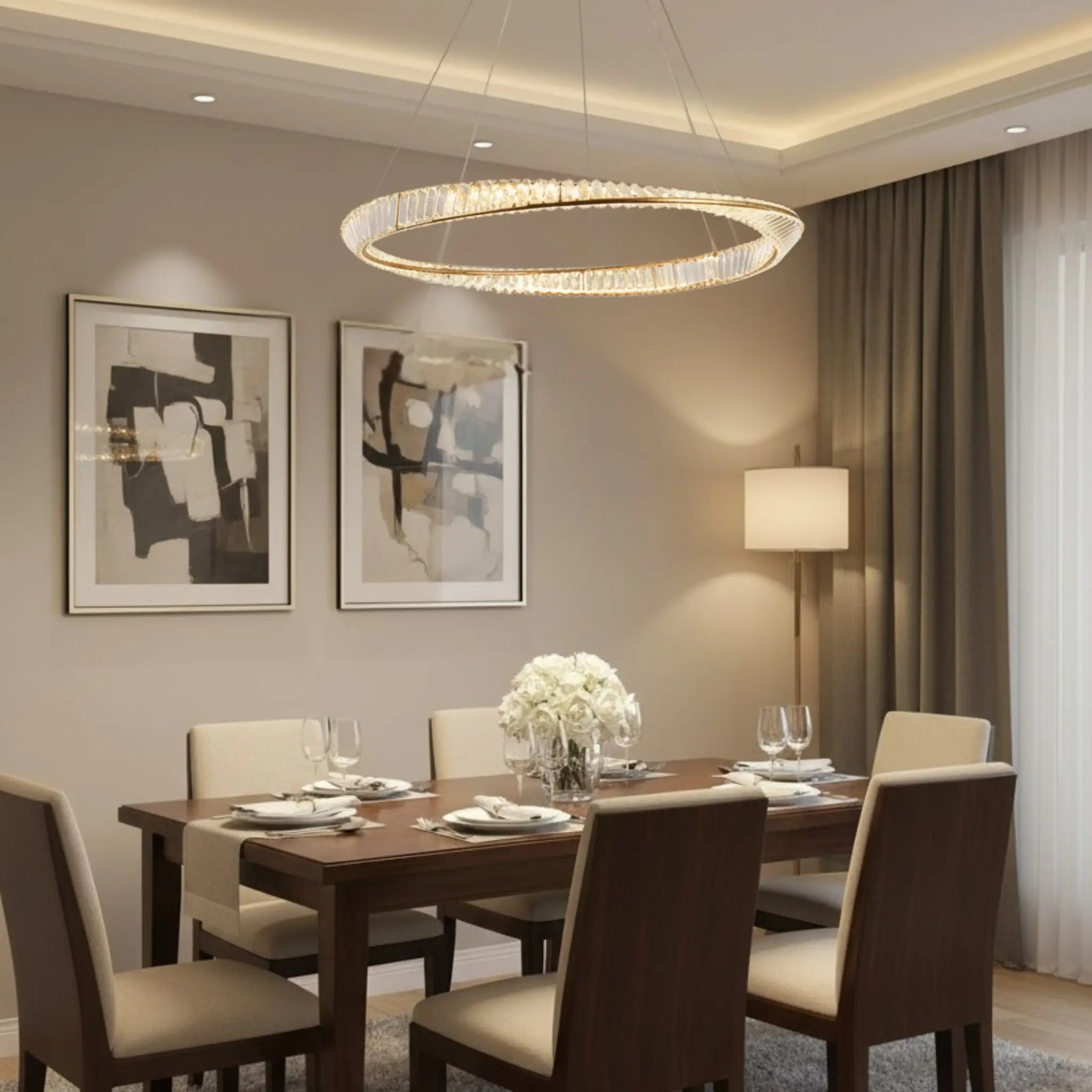 Modern dining room Green earth Aurora Tri-Colour Dimmable LED Crystal Chandelier, table setting, and abstract art on the wall.