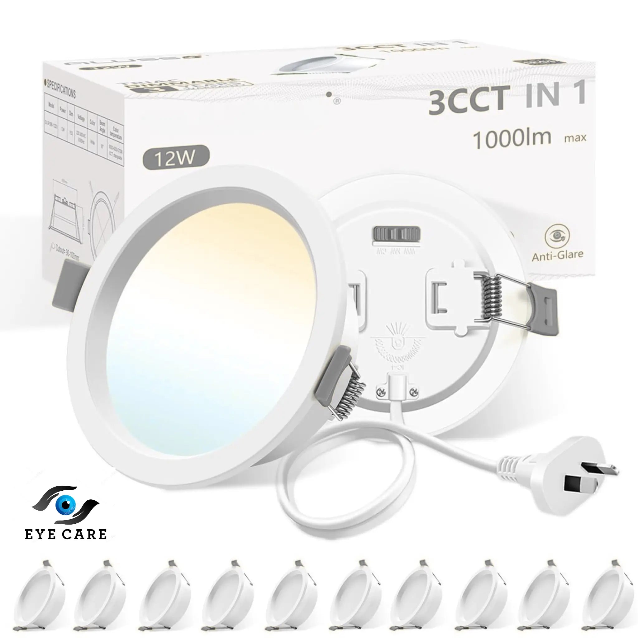 LED downlight with packaging displaying specifications on a white background