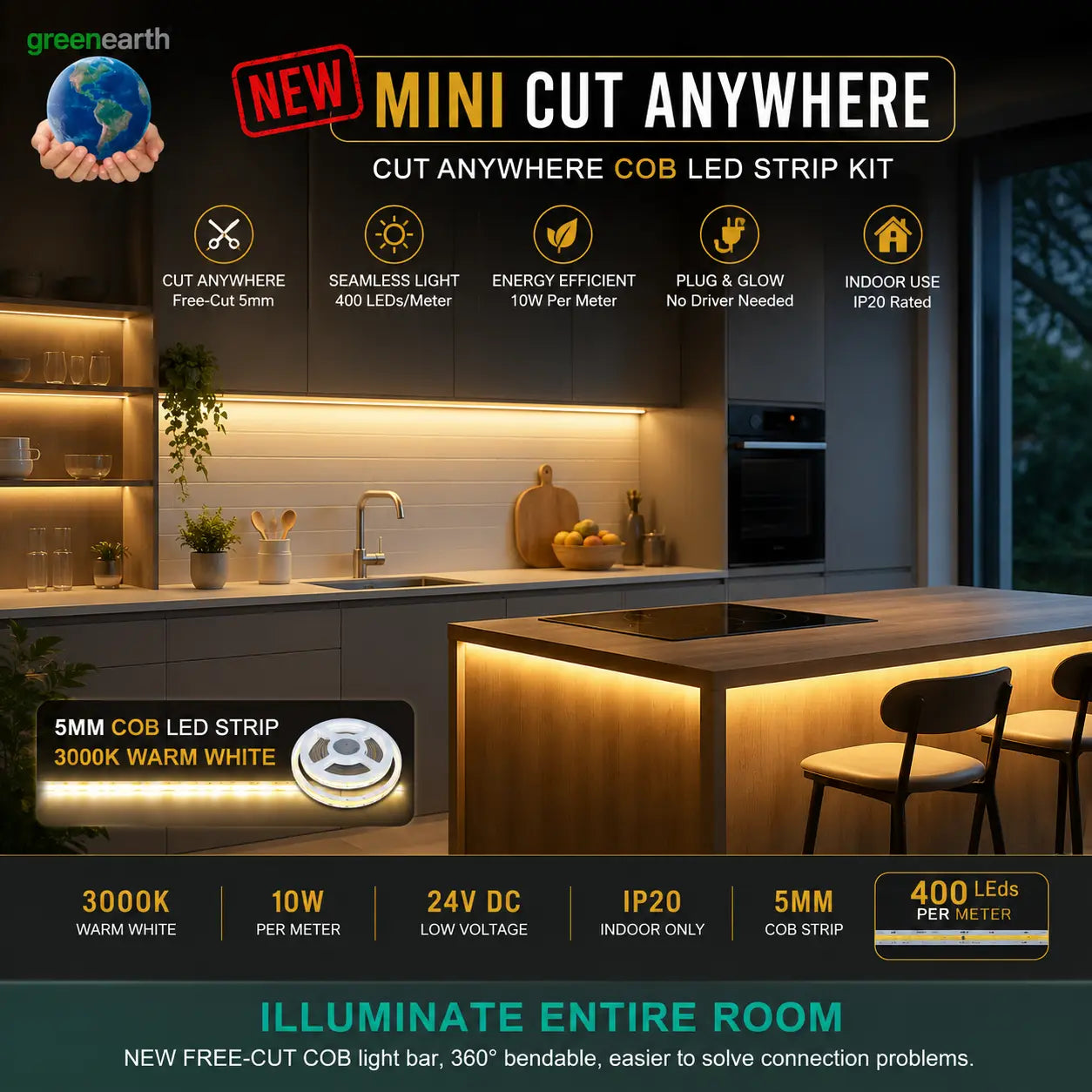 COBRA Mini 5mm COB LED Strip Light Kit | Free-Cut Dotless - Warm White