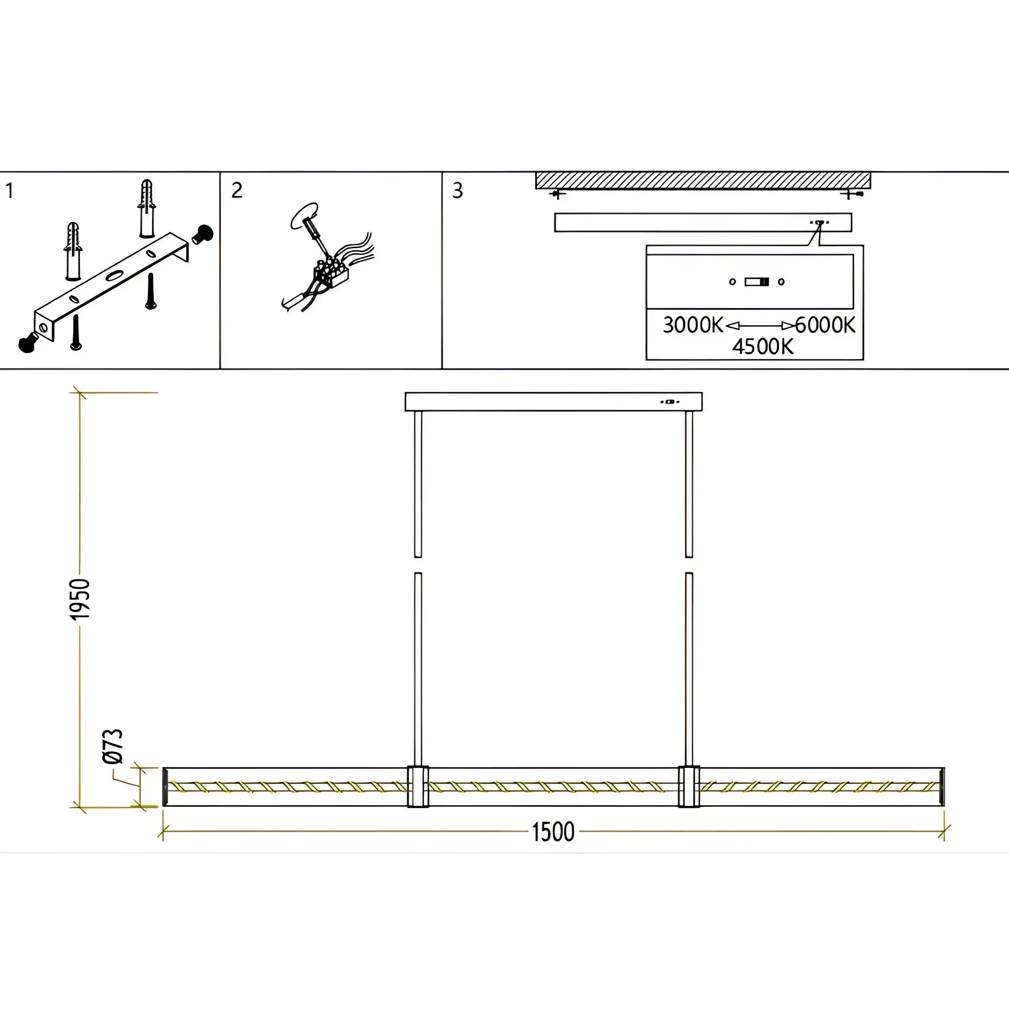 Technical dimensions diagram for the Madison 1500mm linear alabaster pendant light showing frame length and adjustable cord drop height.