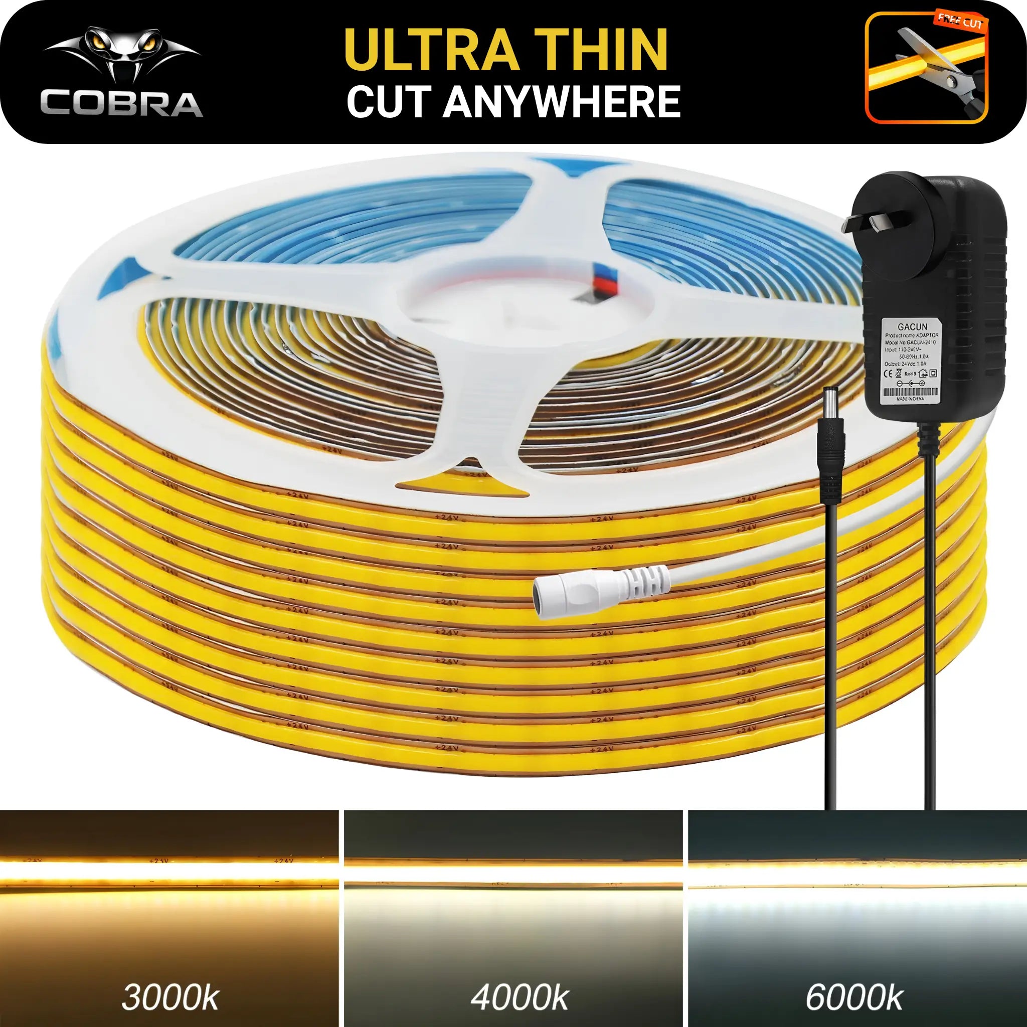 10W 5mm Free Cut COB Dotless LED Strip Light Kit - Warm White
