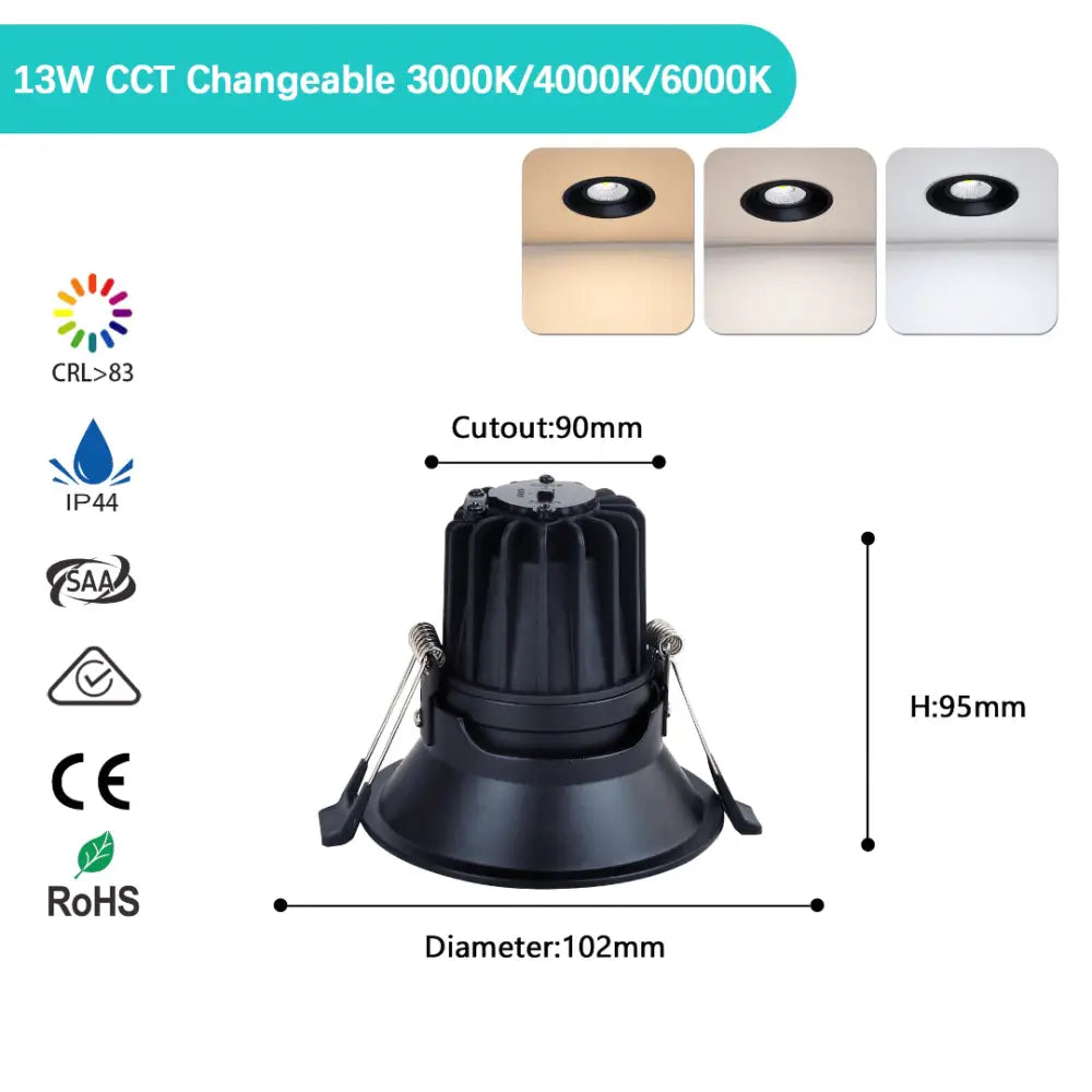 Green Earth Lighting Australia LED Downlight 13W Tri-Colour Tiltable Low Glare Dimmable LED Downlight 90mm Cut out KATB