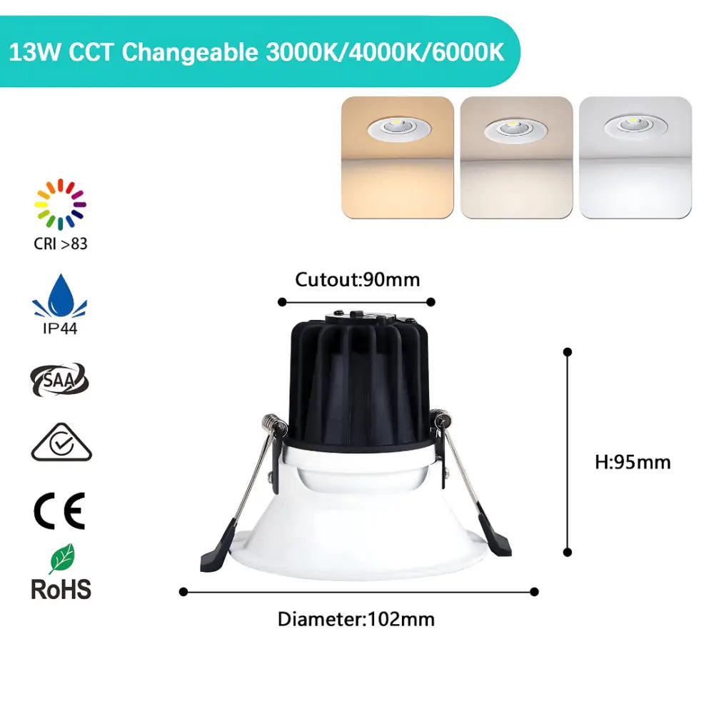 Green Earth Lighting Australia LED Downlight 13W Tri-Colour Tiltable Low Glare Dimmable LED Downlight 90mm Cut out KATW