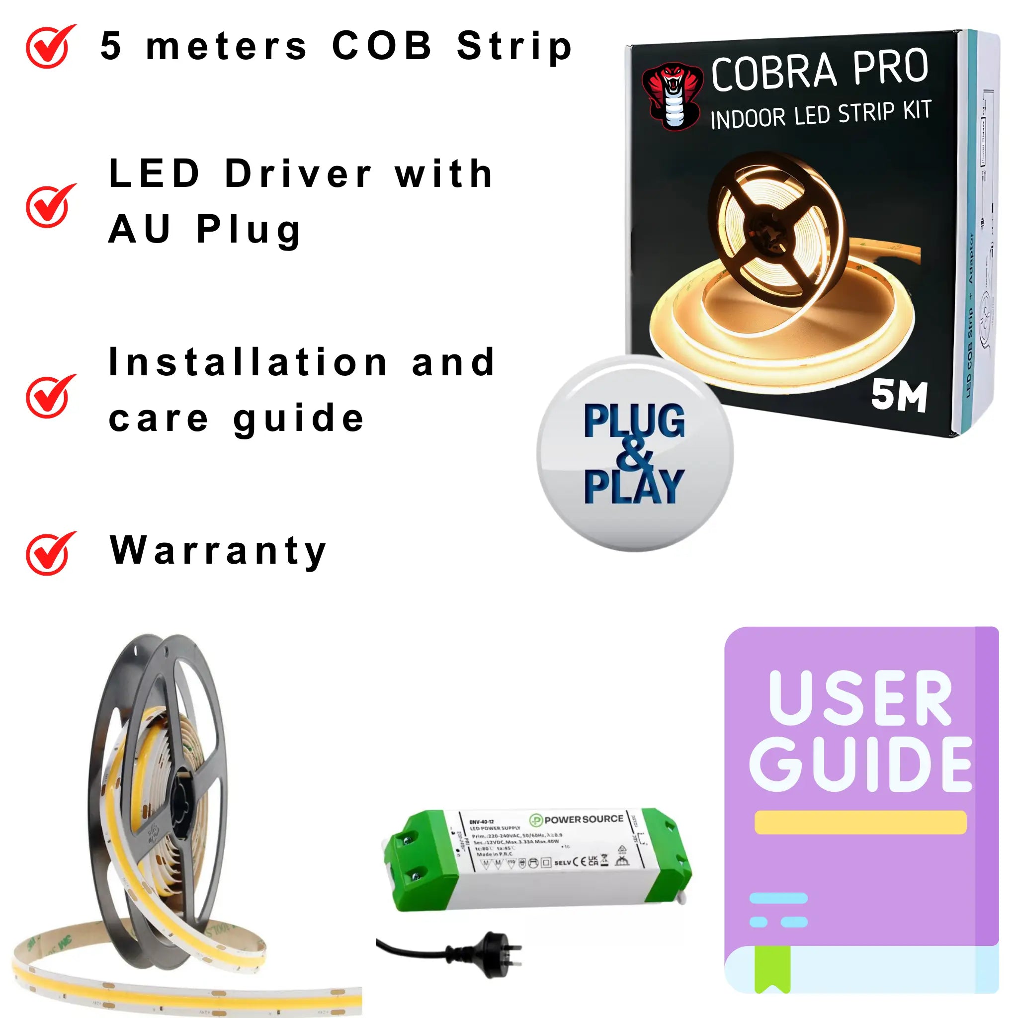 Cob Led Strip Light Kit Mini 10w/m – Dotless 5 Meter Set (ip20 Indoor)