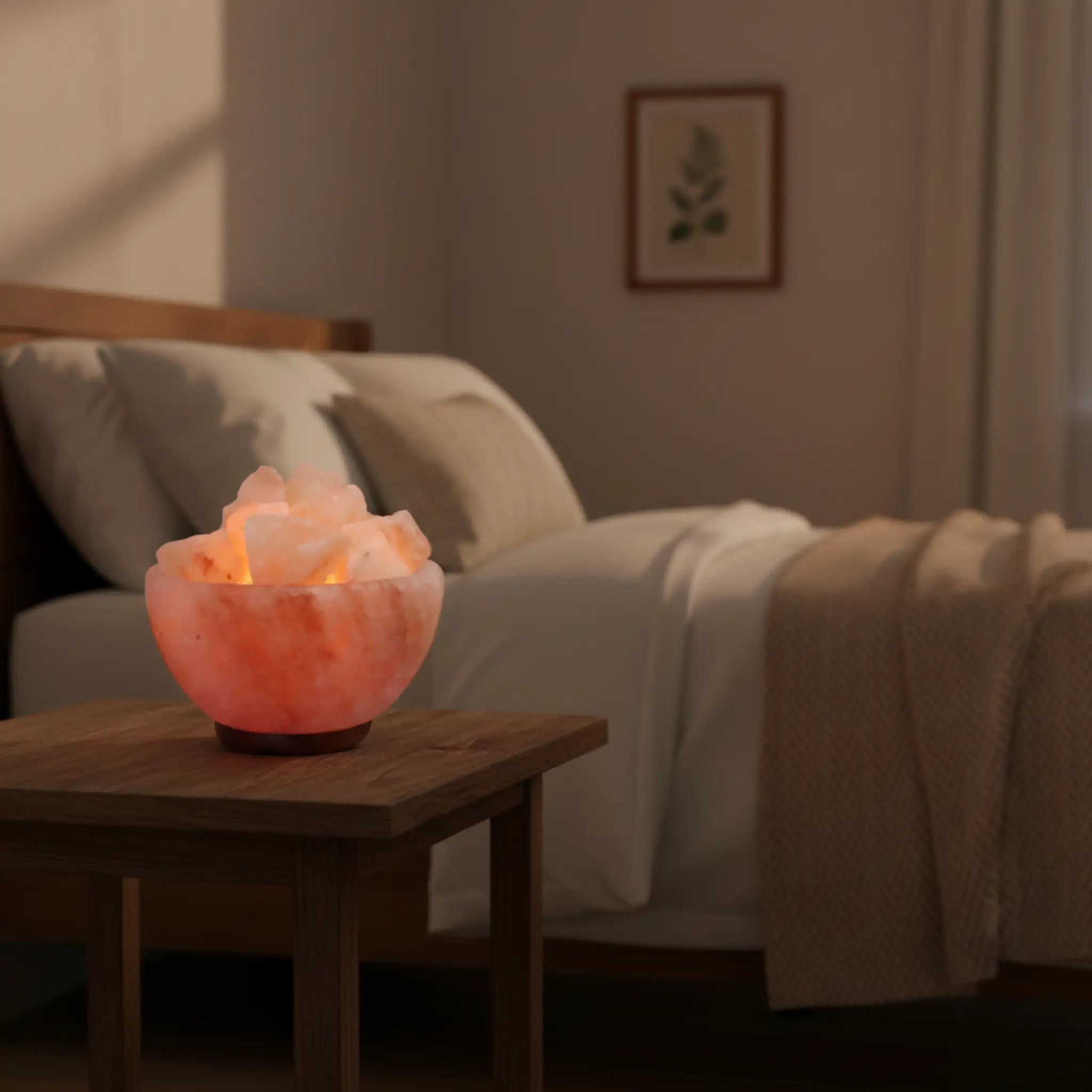 Fire Bowl Himalayan salt lamp on a wooden table in a living room setting on a wooden table with a cozy room background