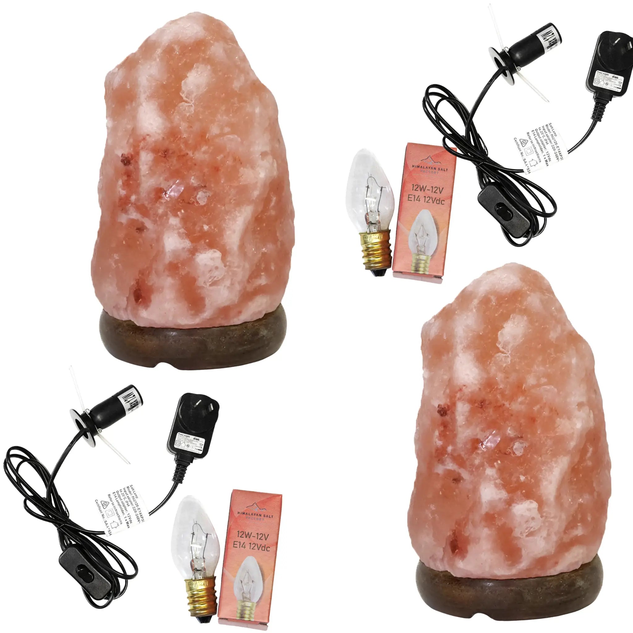 Two 2-3KG pink rock salt lamps with electrical components on a white background