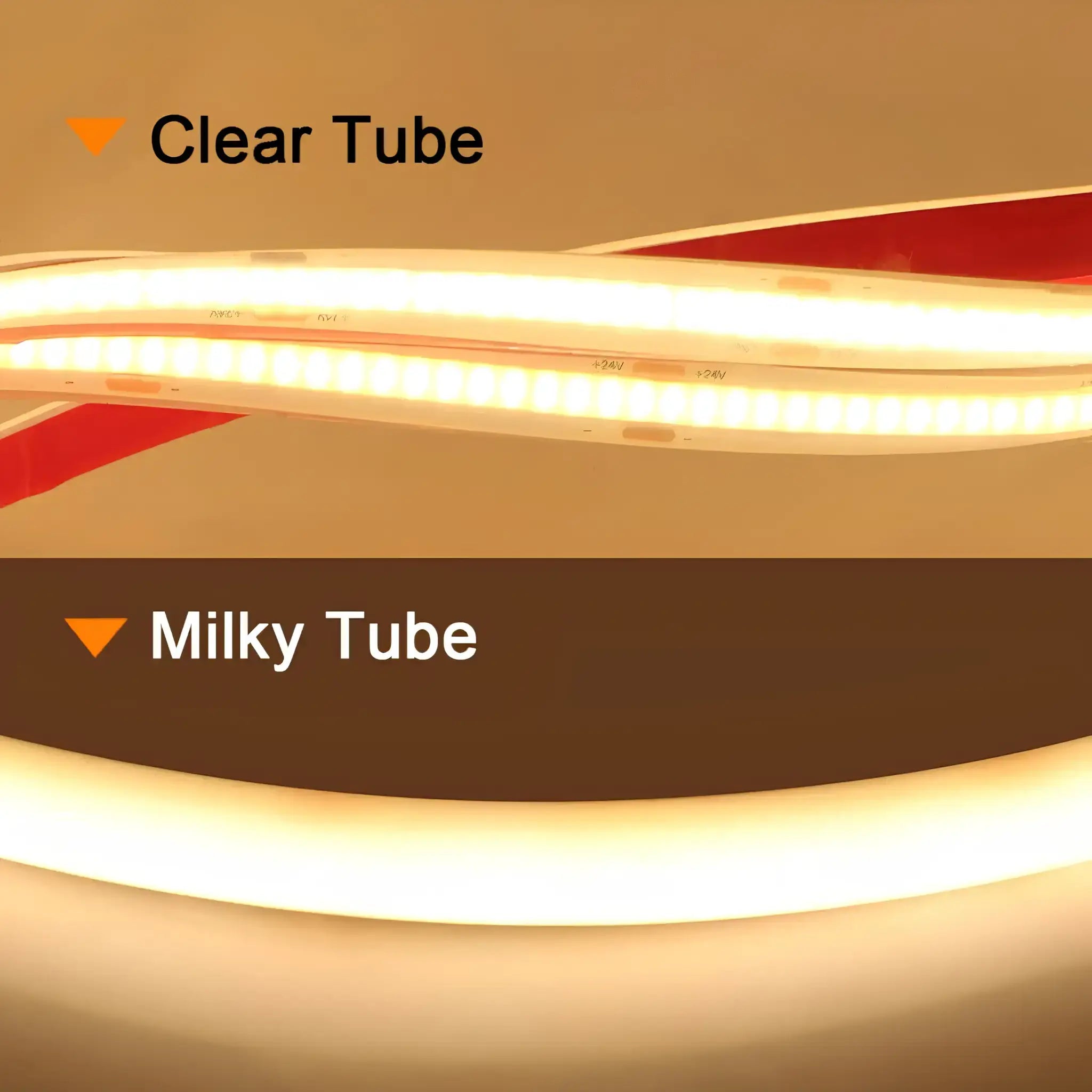 IP68 v IP67 LED light tubes labeled 'Clear Tube' and 'Milky Tube' on a brown background.