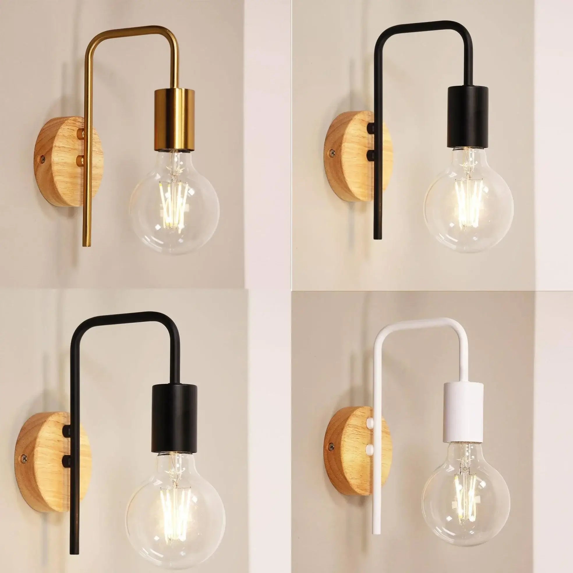 Lane wall light with gold black curved arm clear bulb wooden base