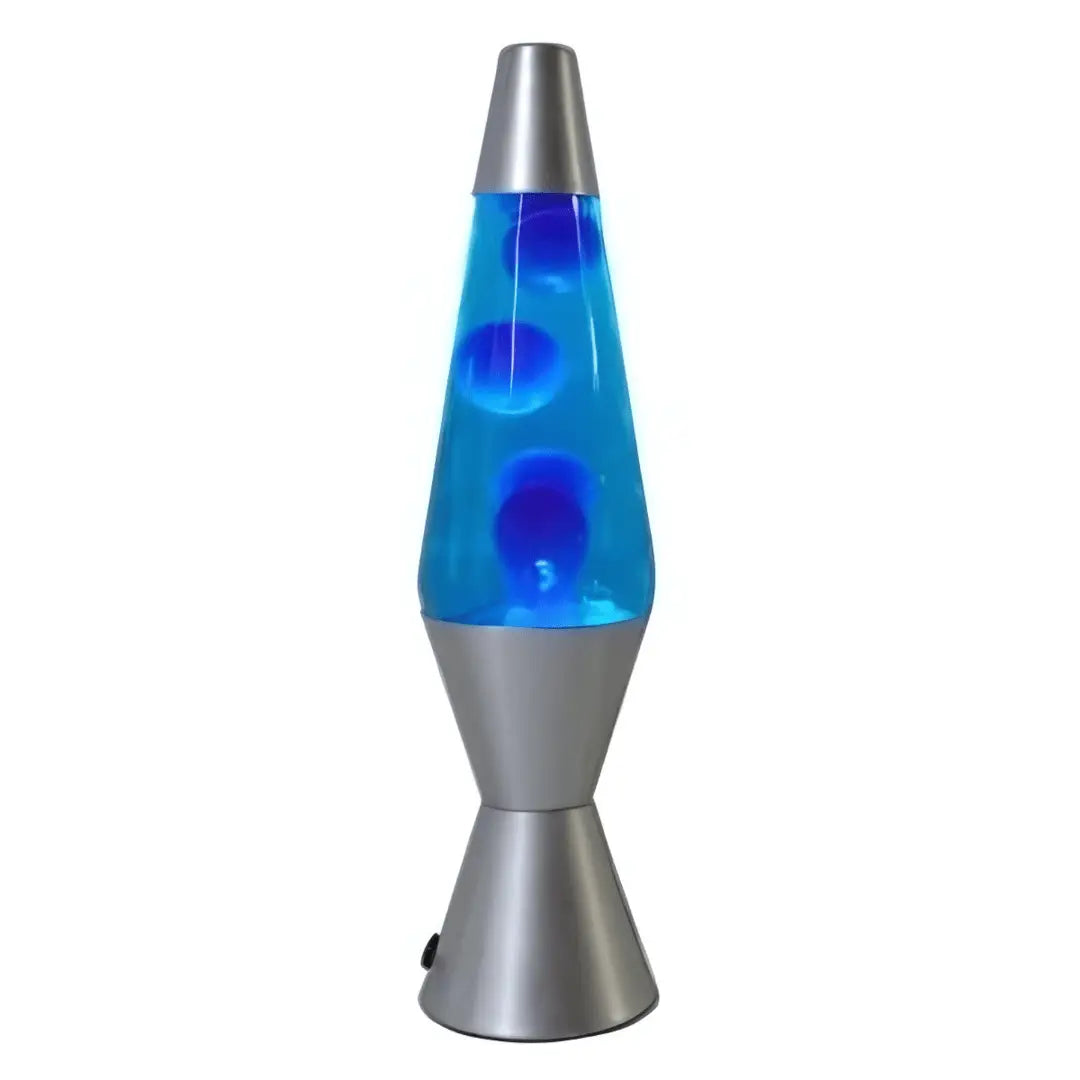 Blue blue diamond motion lava lamp with silver base features blue liquid and colored wax for interesting lamps