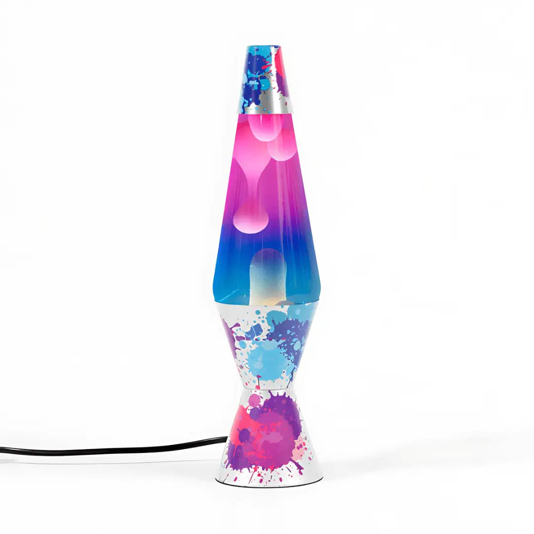 A lava lamp diamond motion colour burst 37cm tall with blue pink purple gradient liquid and colorful paint splatter base