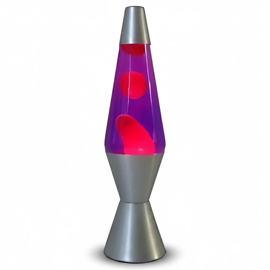 Purple red diamond motion lava lamp featuring silver base with purple liquid and red wax in a colourful lava lamp design