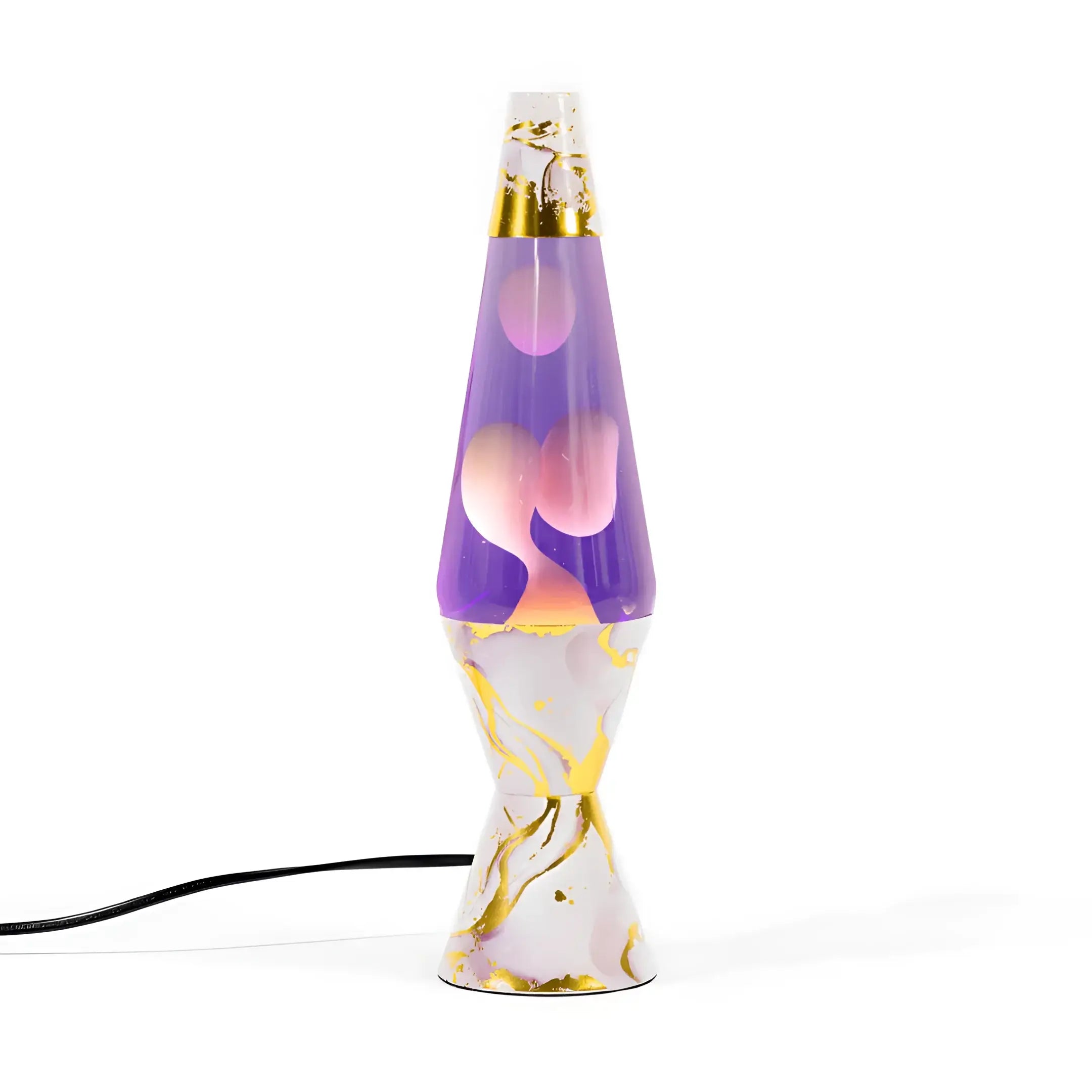 Purple and white diamond motion lava lamp with gold accents featuring a pink marble lava lamp finish, 37cm tall