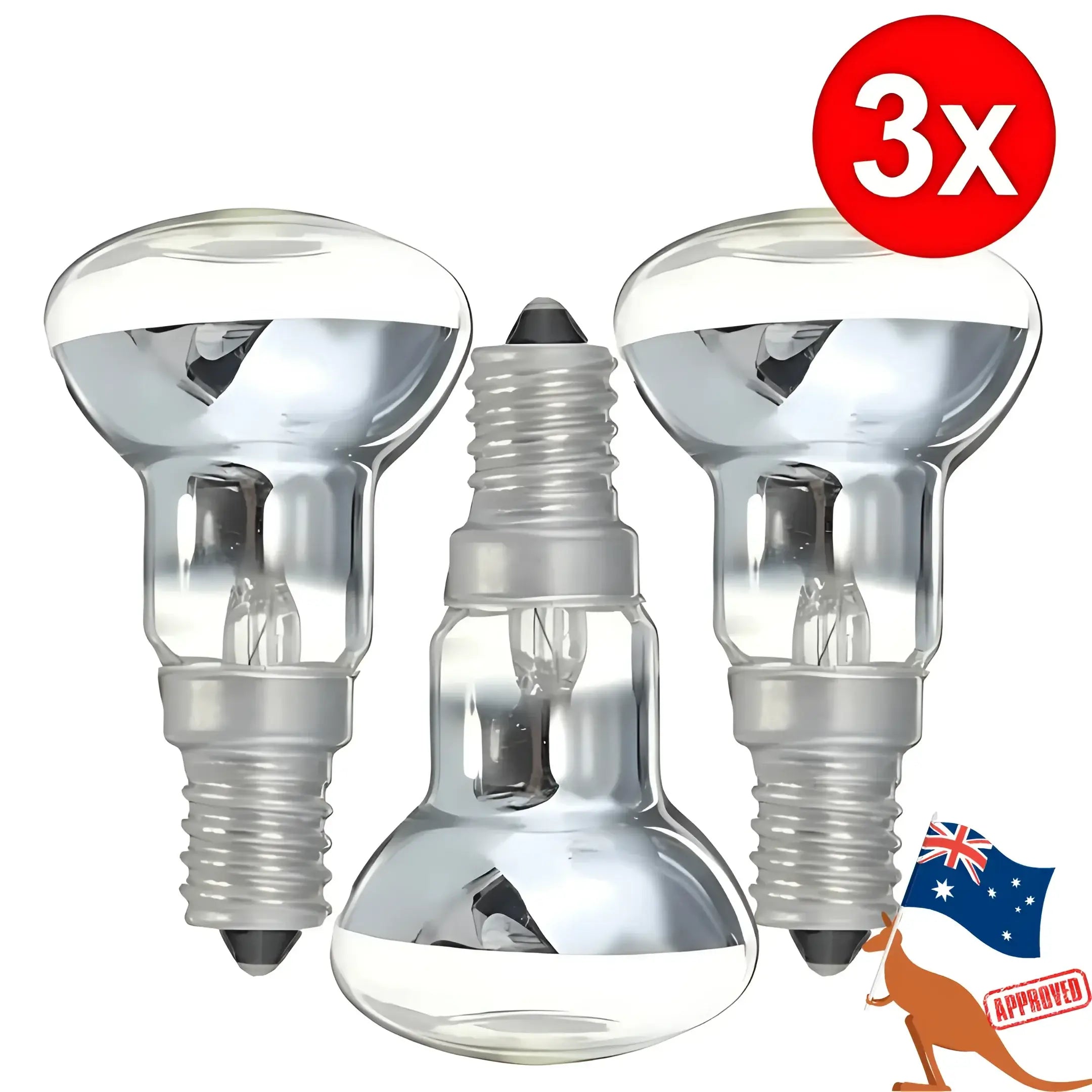 A lava lamp replacement bulb 3-pack featuring clear glass r39 bulbs with silver screw bases and 30w e14 fittings