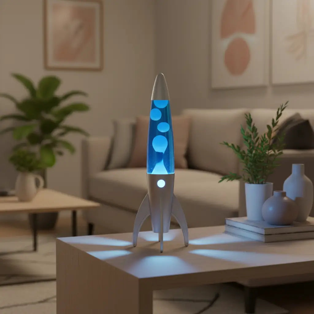 Blue white Lava lamp hero product image ratio 1:1 lifestyle shot in an apartment