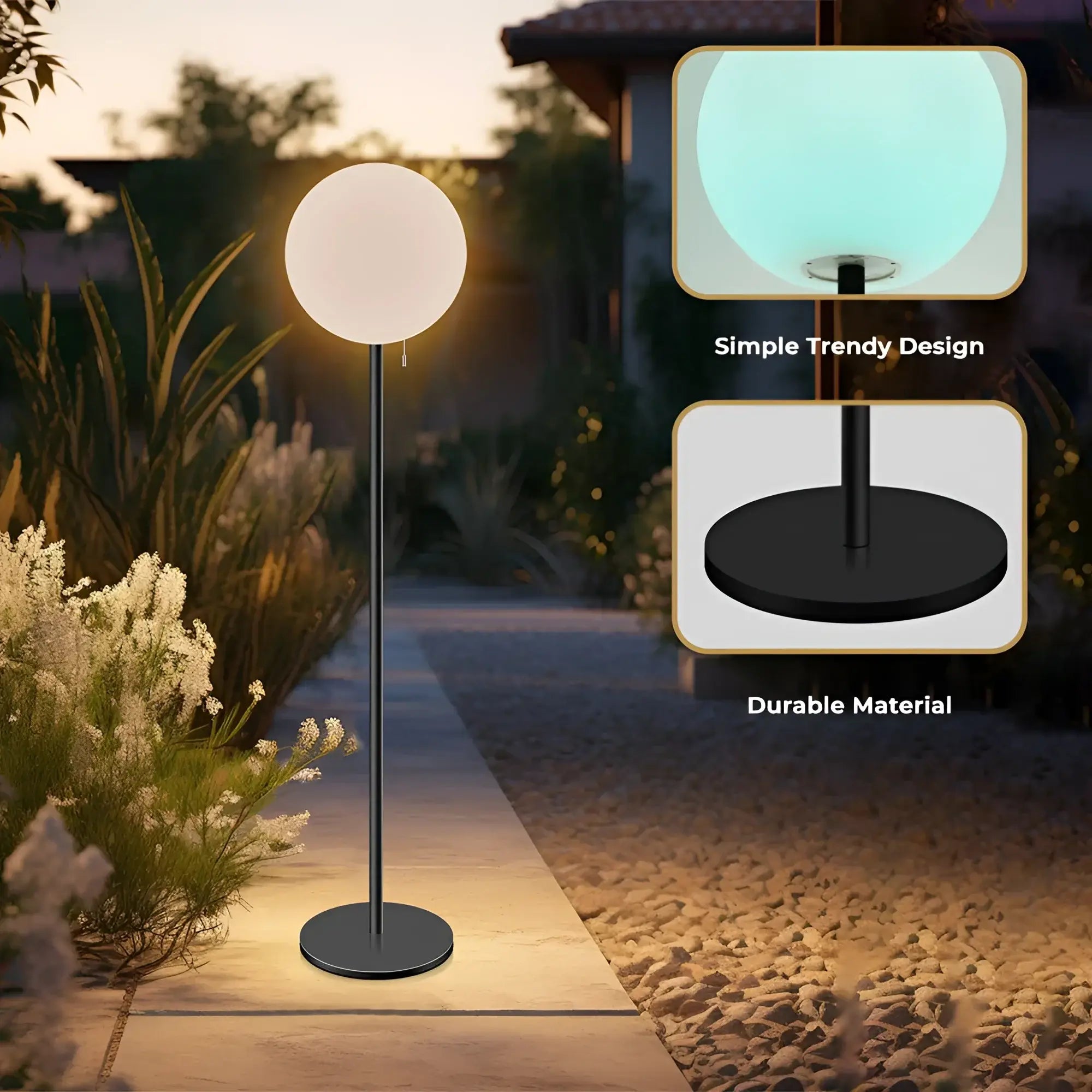 A spherical lexi lighting dual power indoor outdoor led mood floor lamp with black stand and solar usb feature