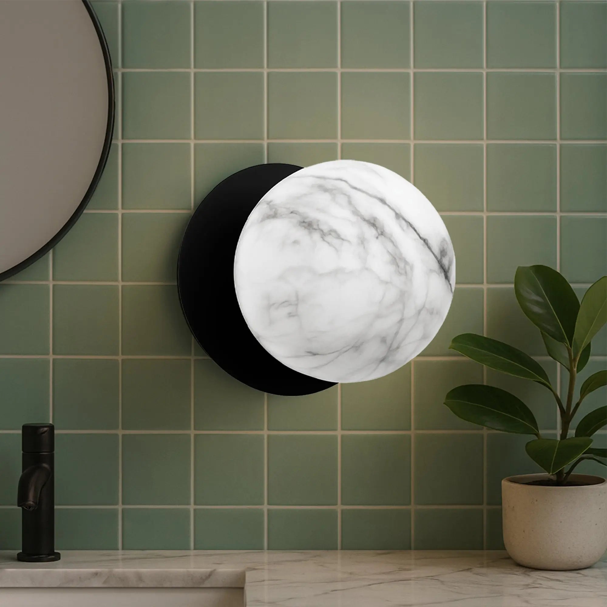 Odessa Marble Opal Glass LED Wall Light with Black Base - White/Large