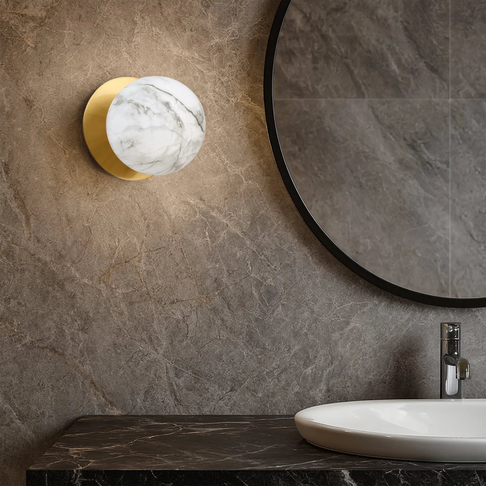 Odessa Marble Opal Glass LED Wall Light with Brass Base - White/Small