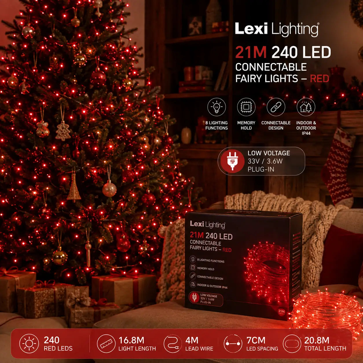 Lexi Lighting 21M 240 LED Red Colour Connectable Fairy Lights