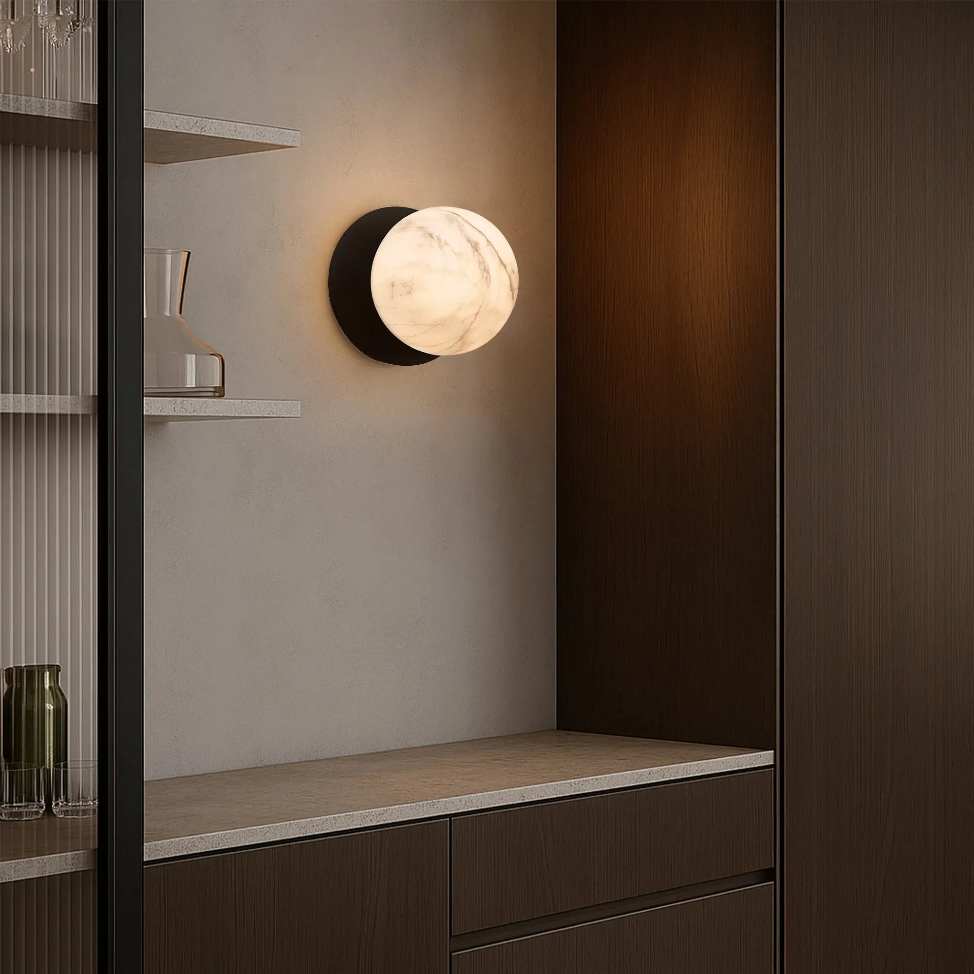 Odessa Marble Opal Glass LED Wall Light with Black Base - Warm White/Small