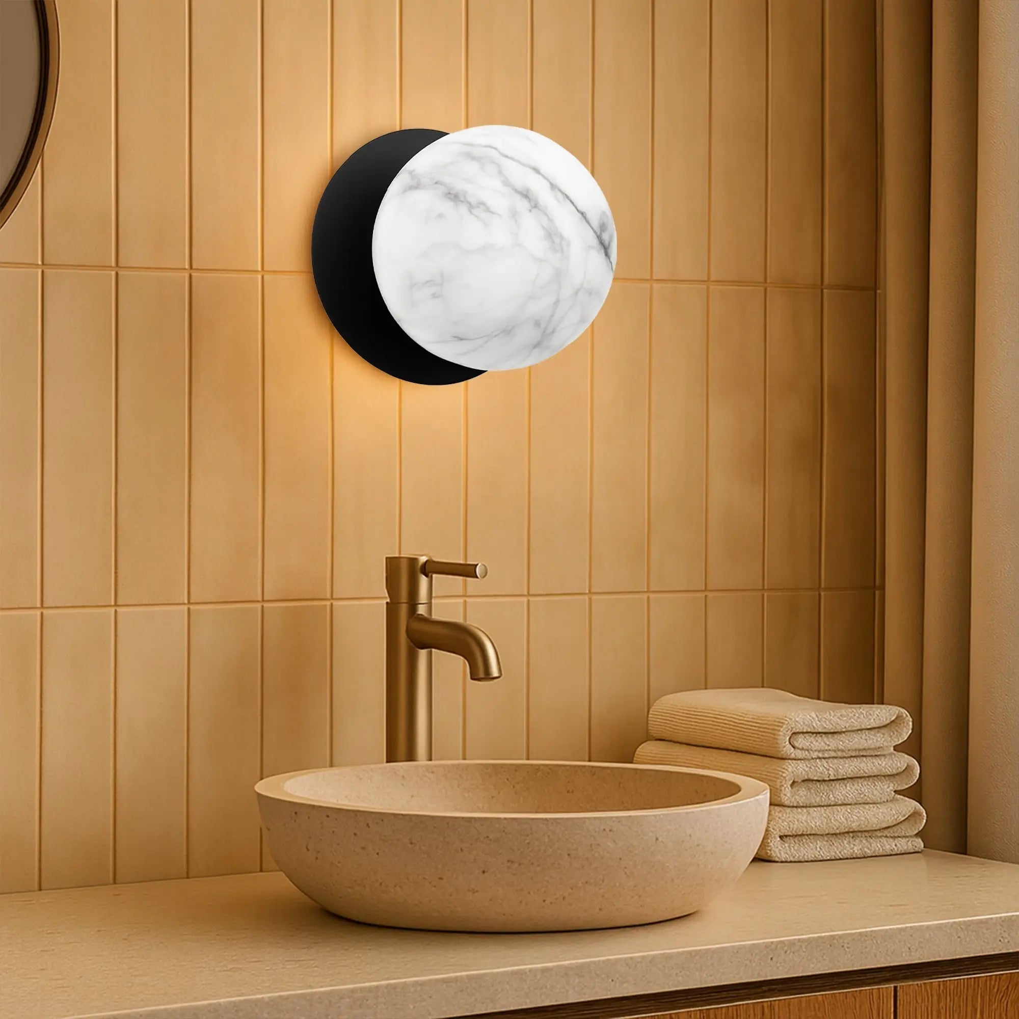 Odessa Marble Opal Glass LED Wall Light with Black Base - White/Large