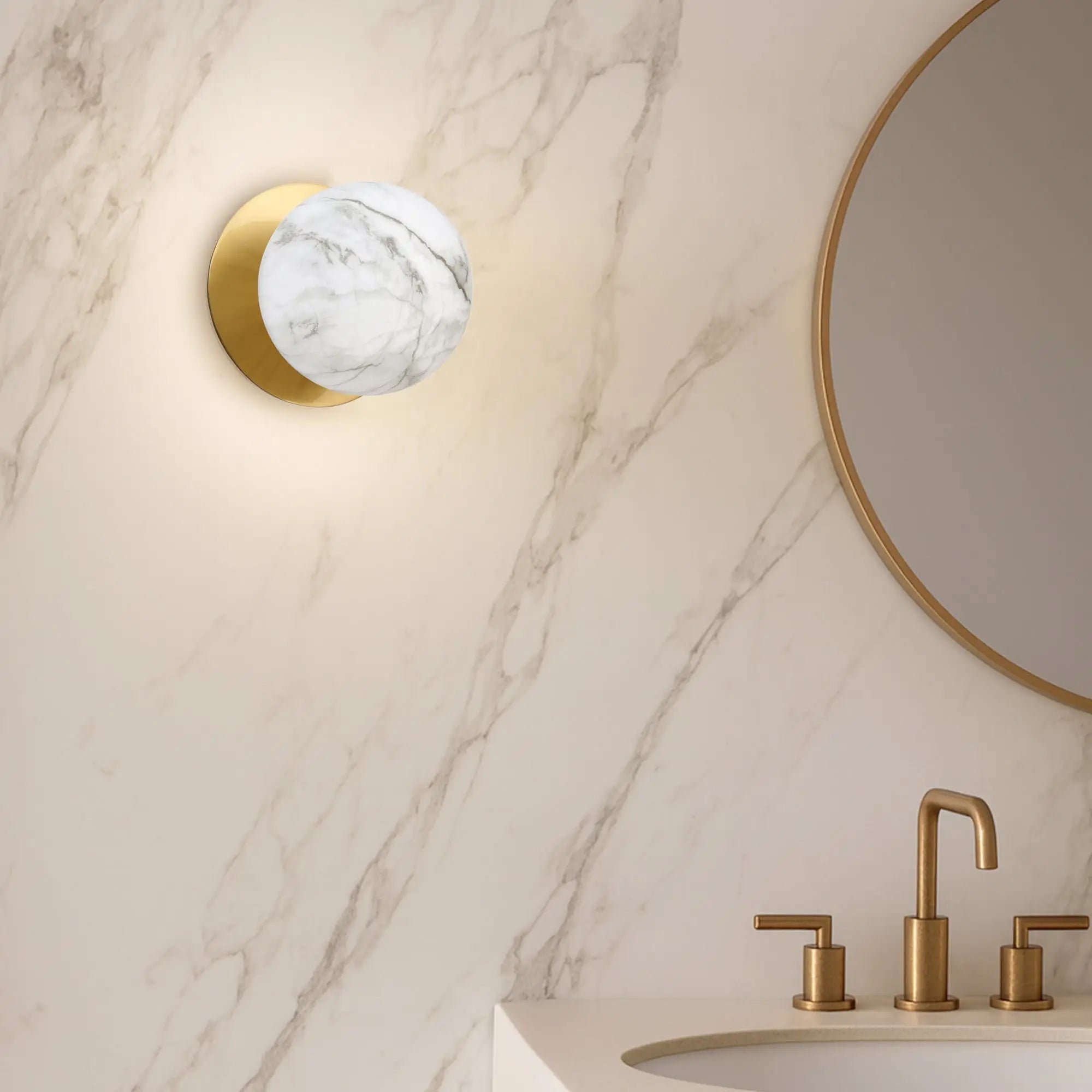 Odessa Marble Opal Glass LED Wall Light with Brass Base - White/Small