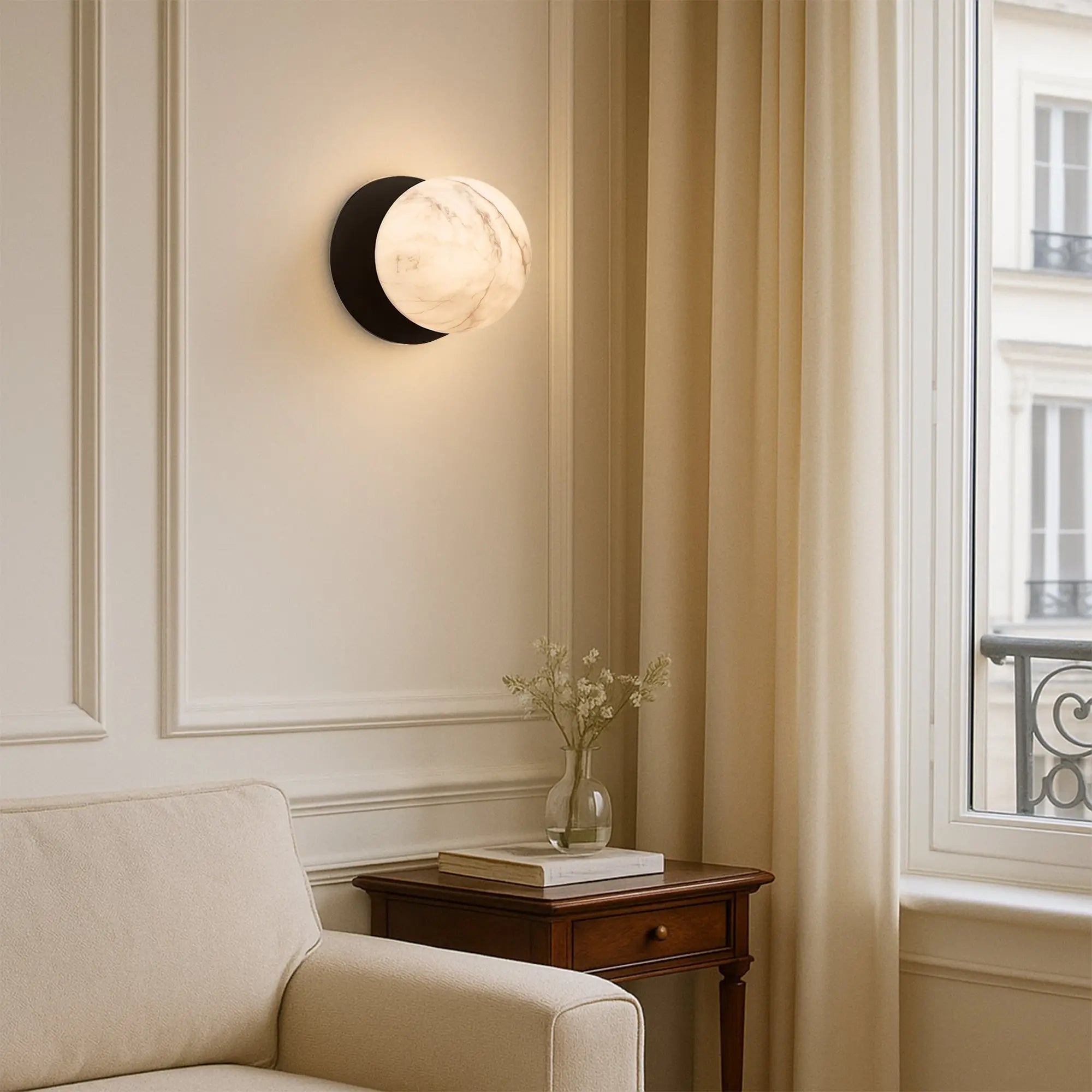 Odessa Marble Opal Glass LED Wall Light with Black Base - Warm White/Large